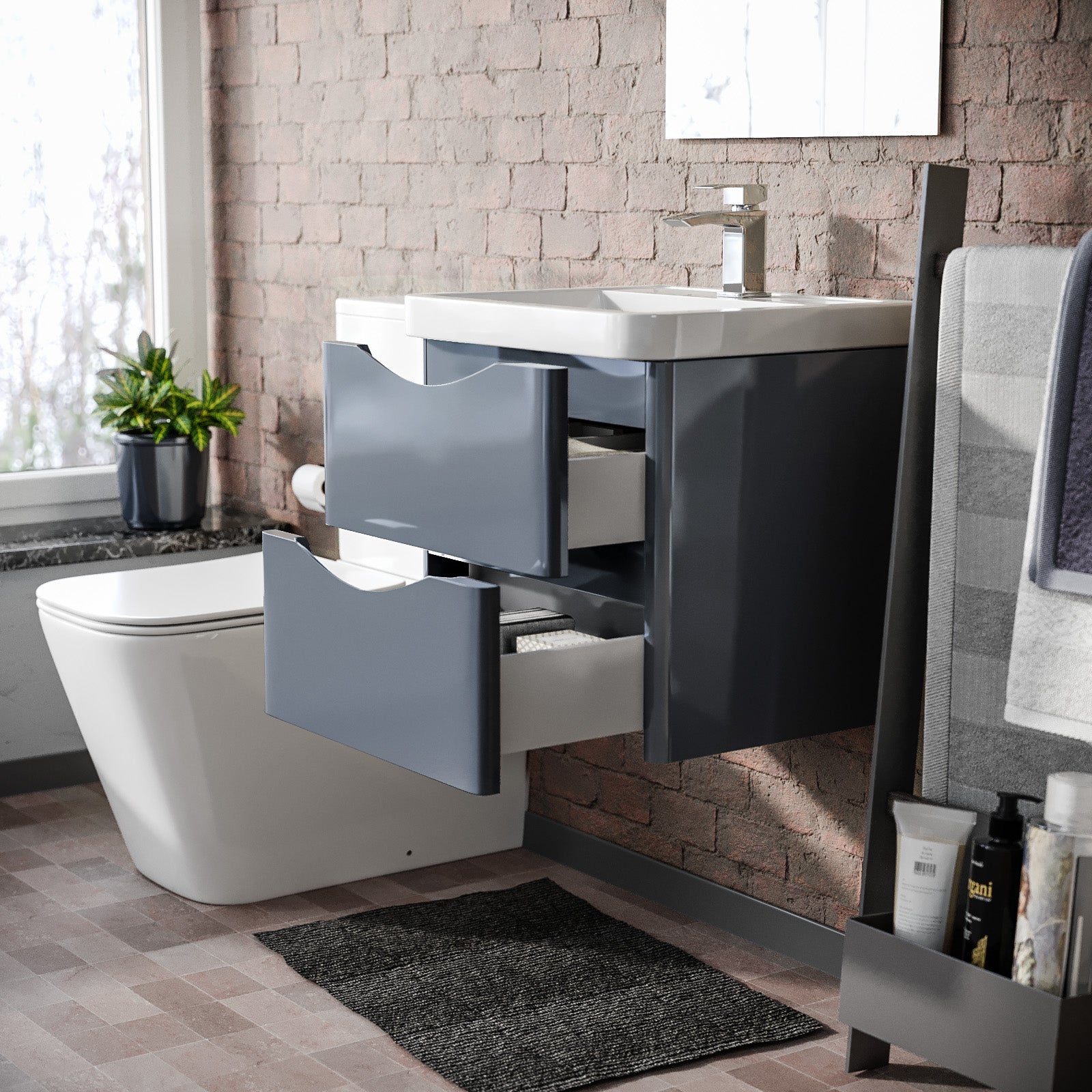 Merton Grey 500mm Wall Hung Vanity Basin Unit & Square Rimless Close Coupled Toilet
