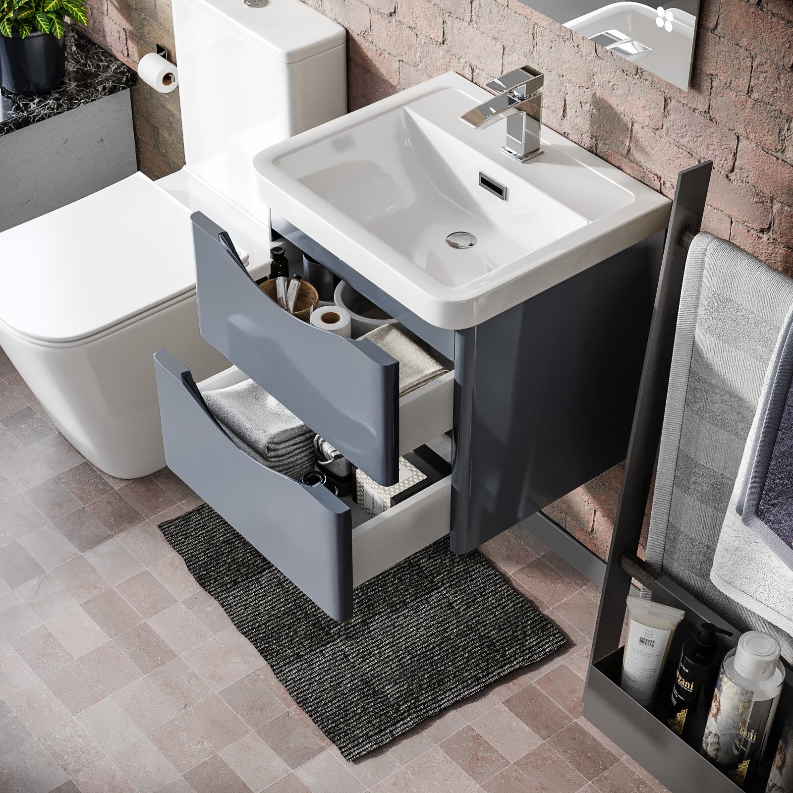 Merton Grey 500mm Wall Hung Vanity Basin Unit & Square Rimless Close Coupled Toilet