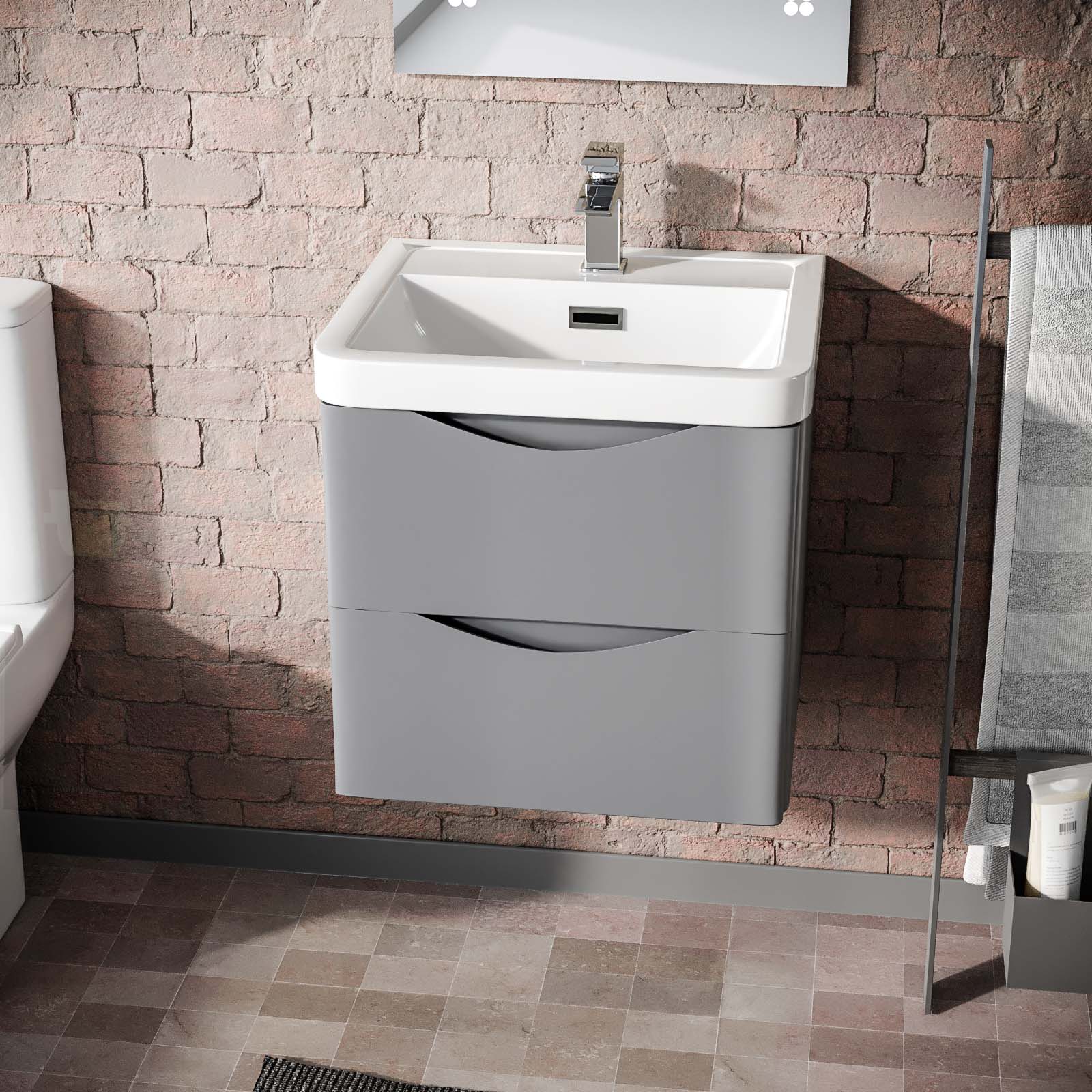 Merton Matte Grey 500mm Wall Hung Vanity Unit 2 Drawer & White Resin Basin