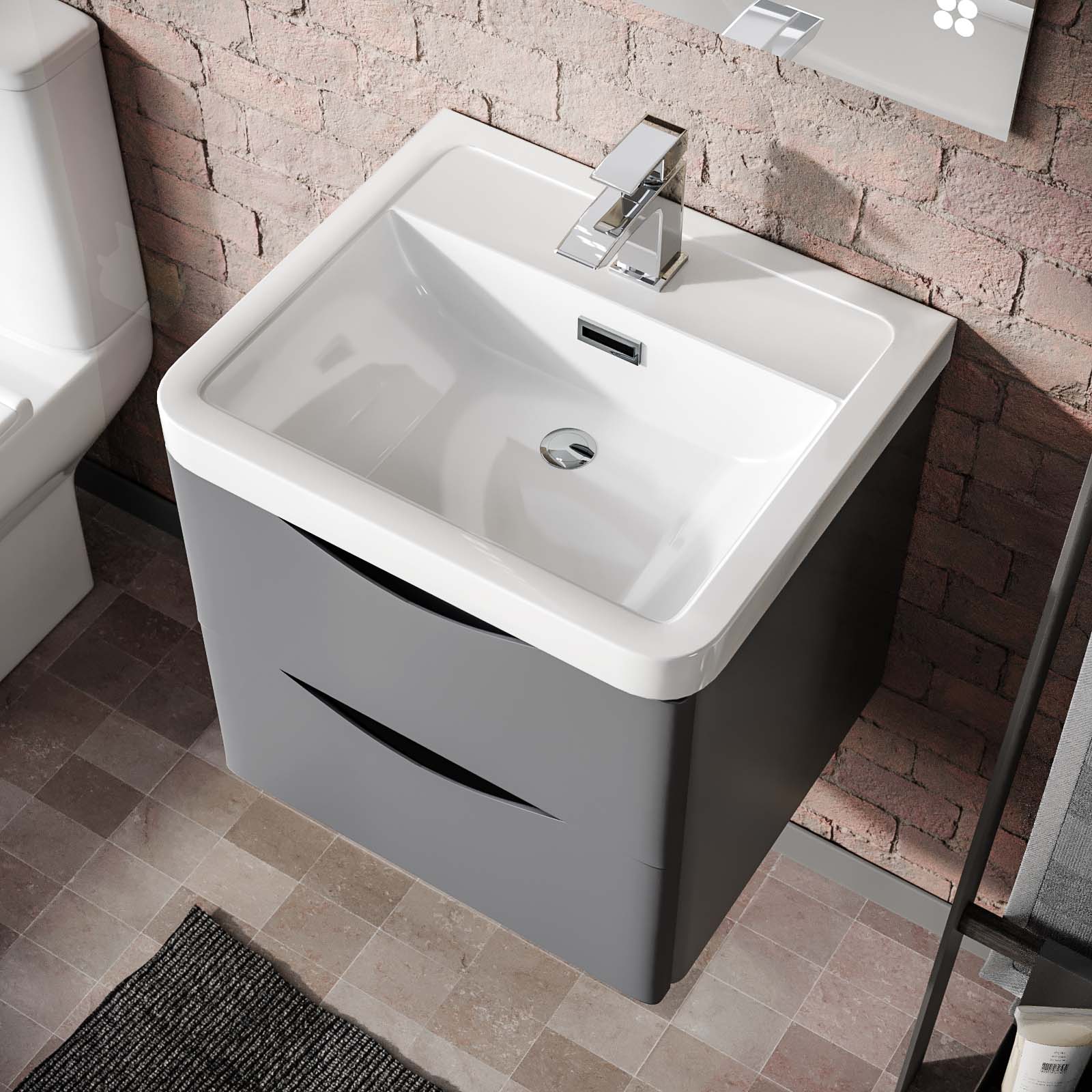 Merton Matte Grey 500mm Wall Hung Vanity Unit 2 Drawer & White Resin Basin