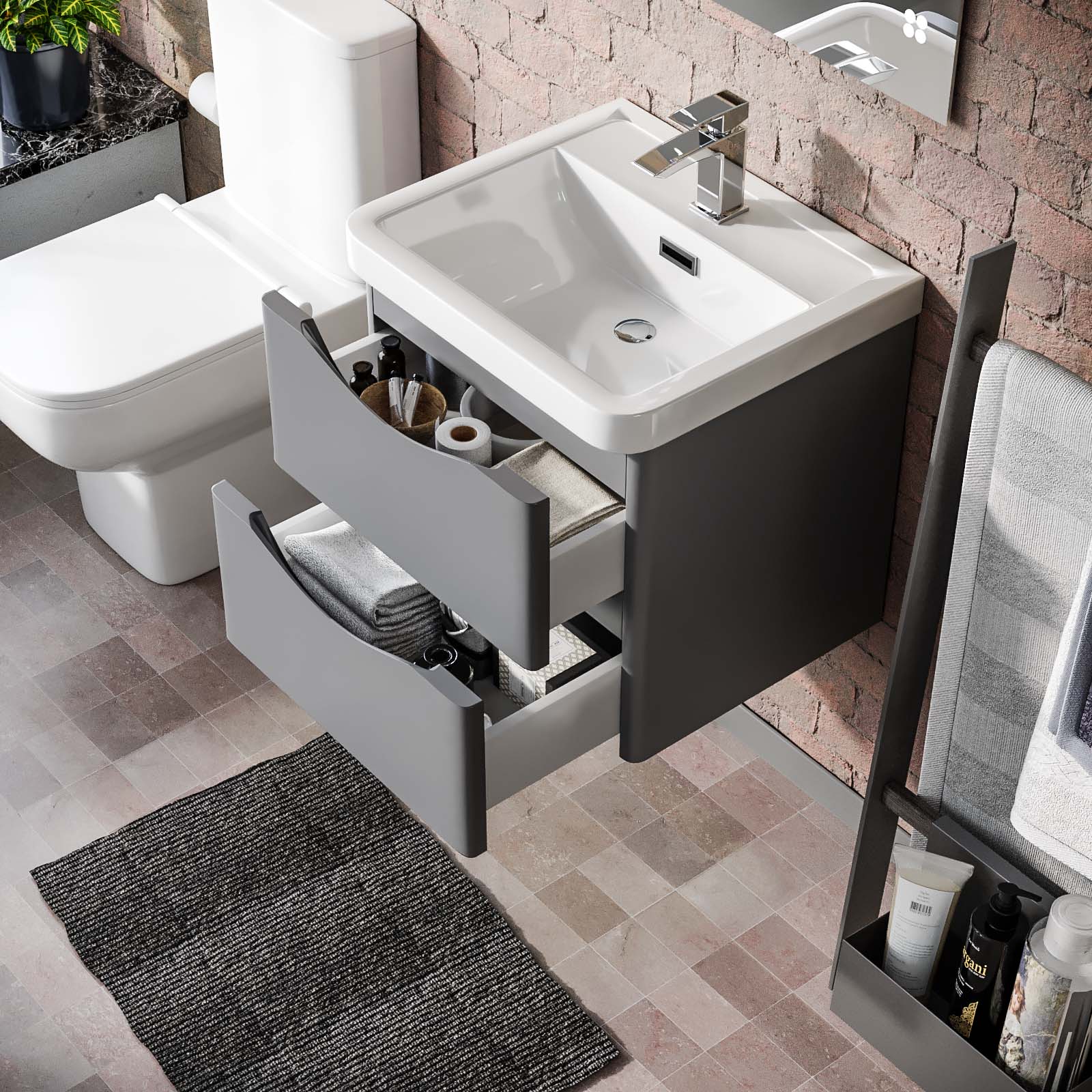 Merton Matte Grey 500mm Wall Hung Vanity Unit 2 Drawer & White Resin Basin