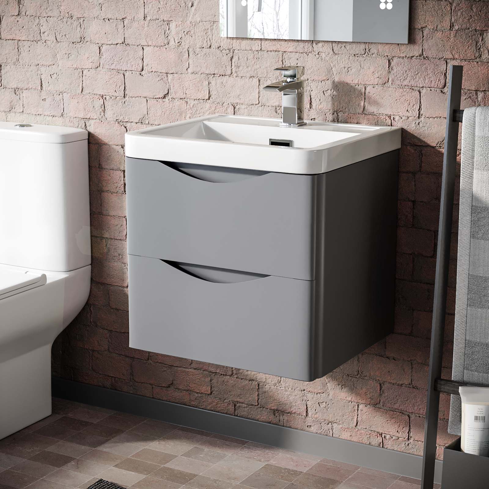 Merton Matte Grey 500mm Wall Hung Vanity Unit 2 Drawer & White Resin Basin