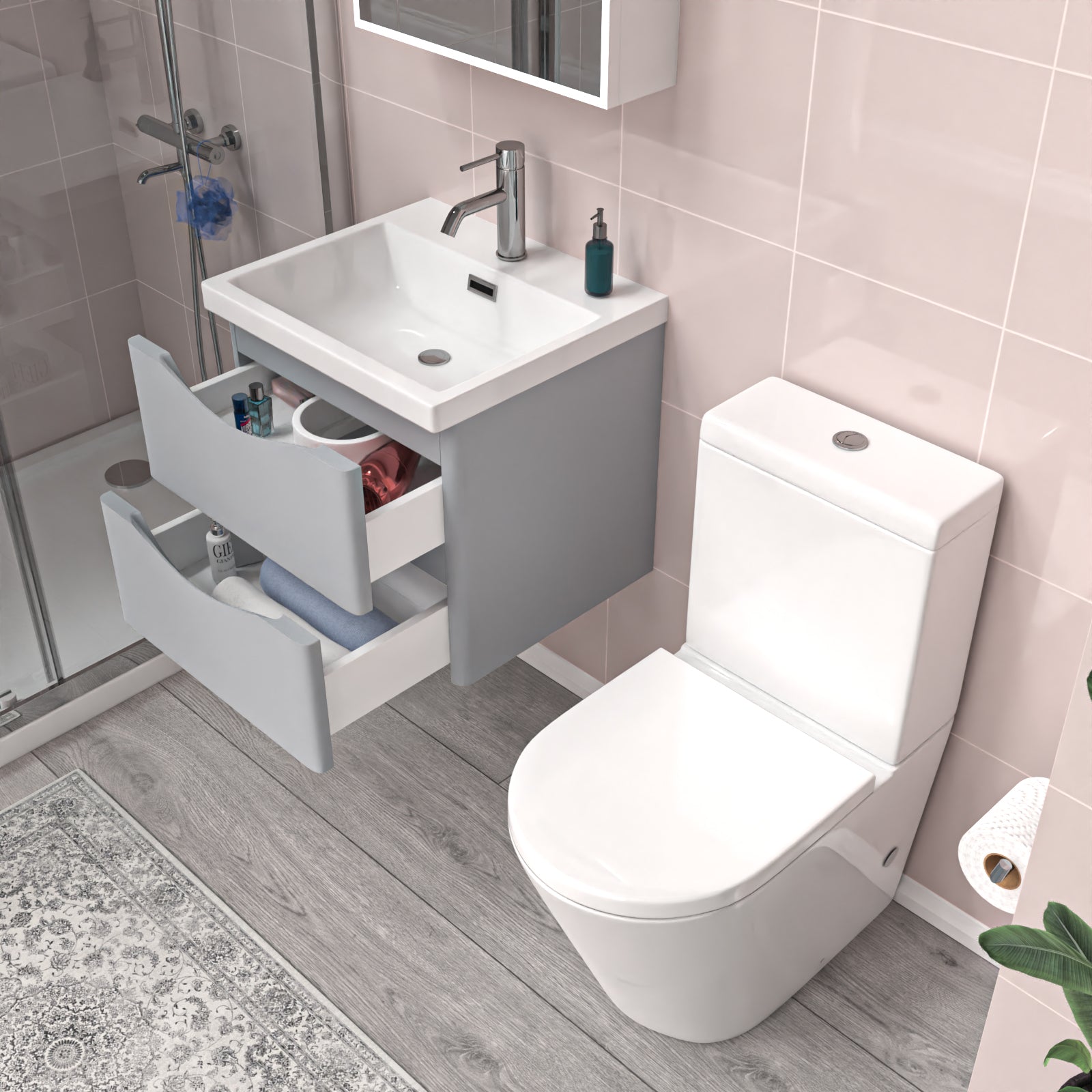 Merton 500mm Matte Grey Wall Hung Vanity Basin Vanity & Close Coupled Toilet