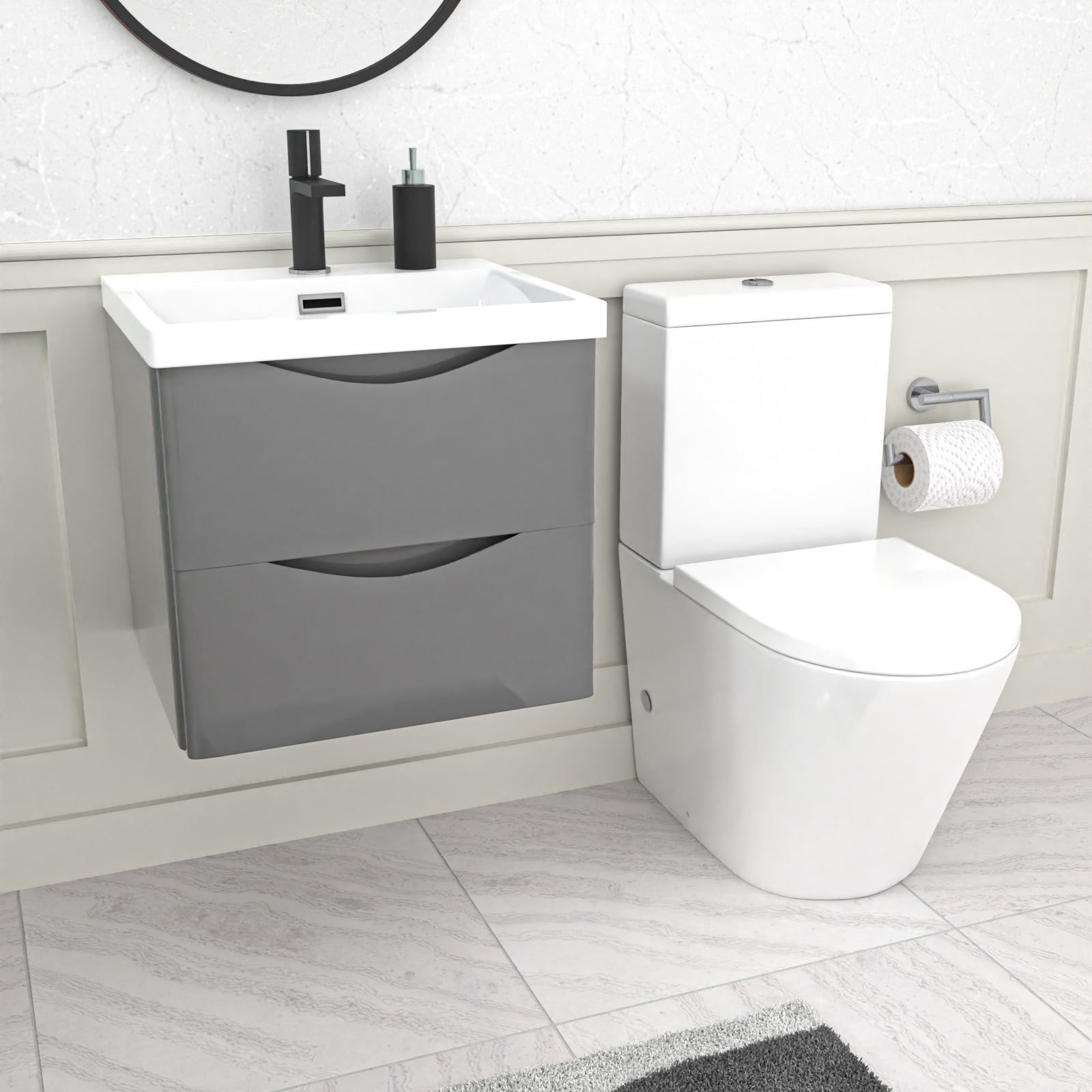 Merton 500mm Grey Wall Hung Vanity Basin Vanity & Close Coupled Toilet