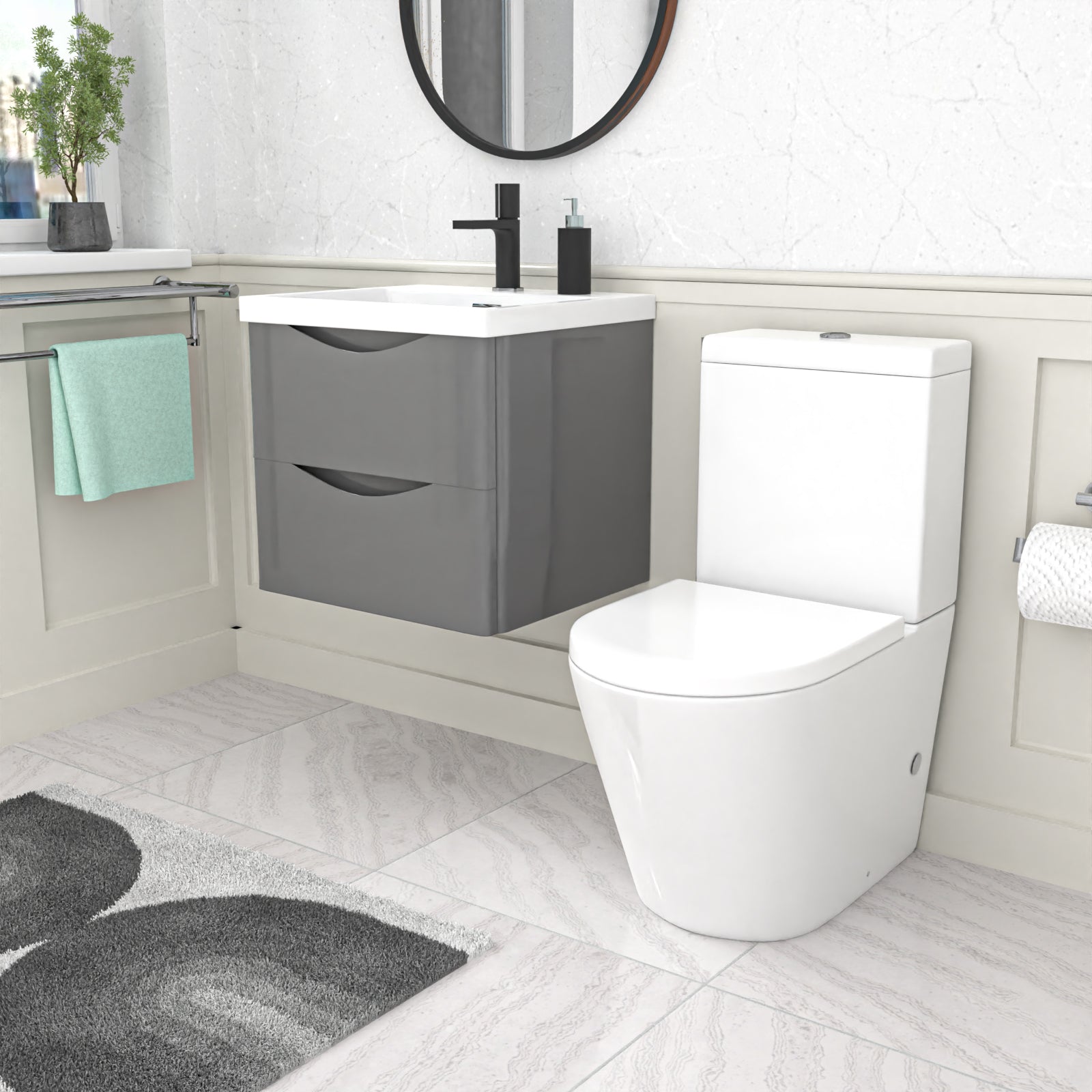 Merton 500mm Grey Wall Hung Vanity Basin Vanity & Close Coupled Toilet