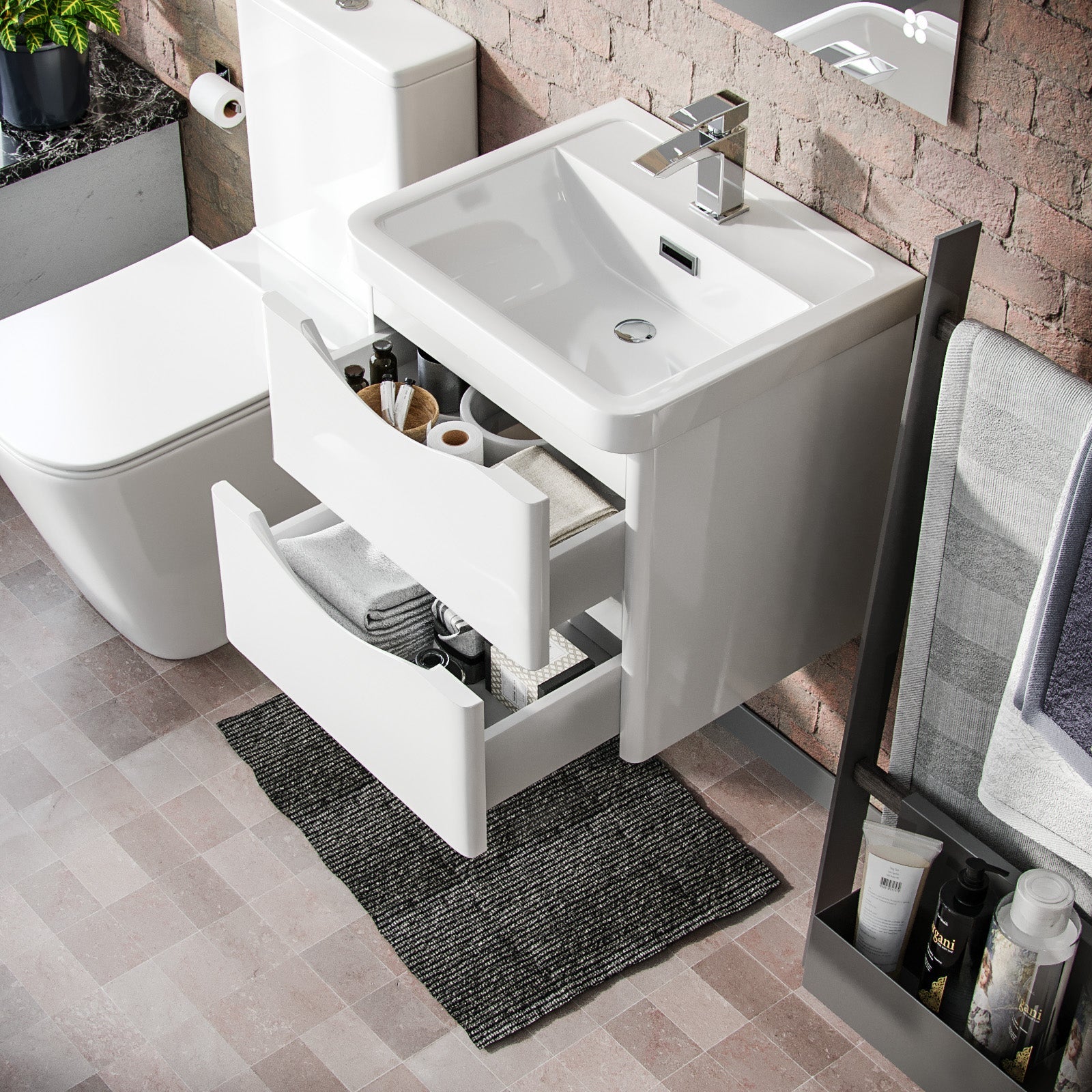 Merton 500mm Wall Hung Vanity Basin Unit & Square Rimless Close Coupled Toilet White Gloss