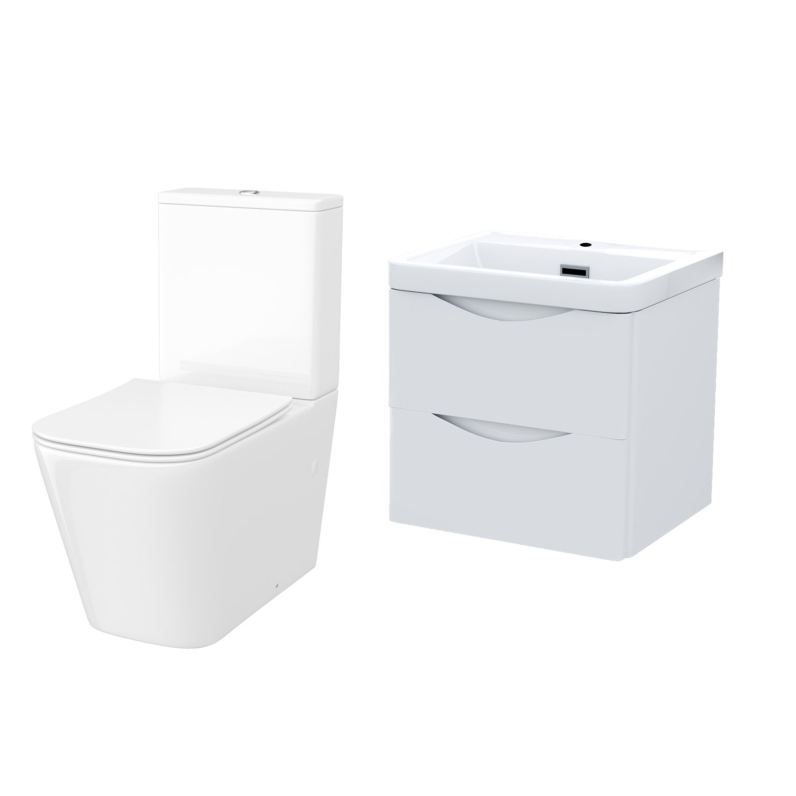 Merton 500mm Wall Hung Vanity Basin Unit & Square Rimless Close Coupled Toilet White Gloss
