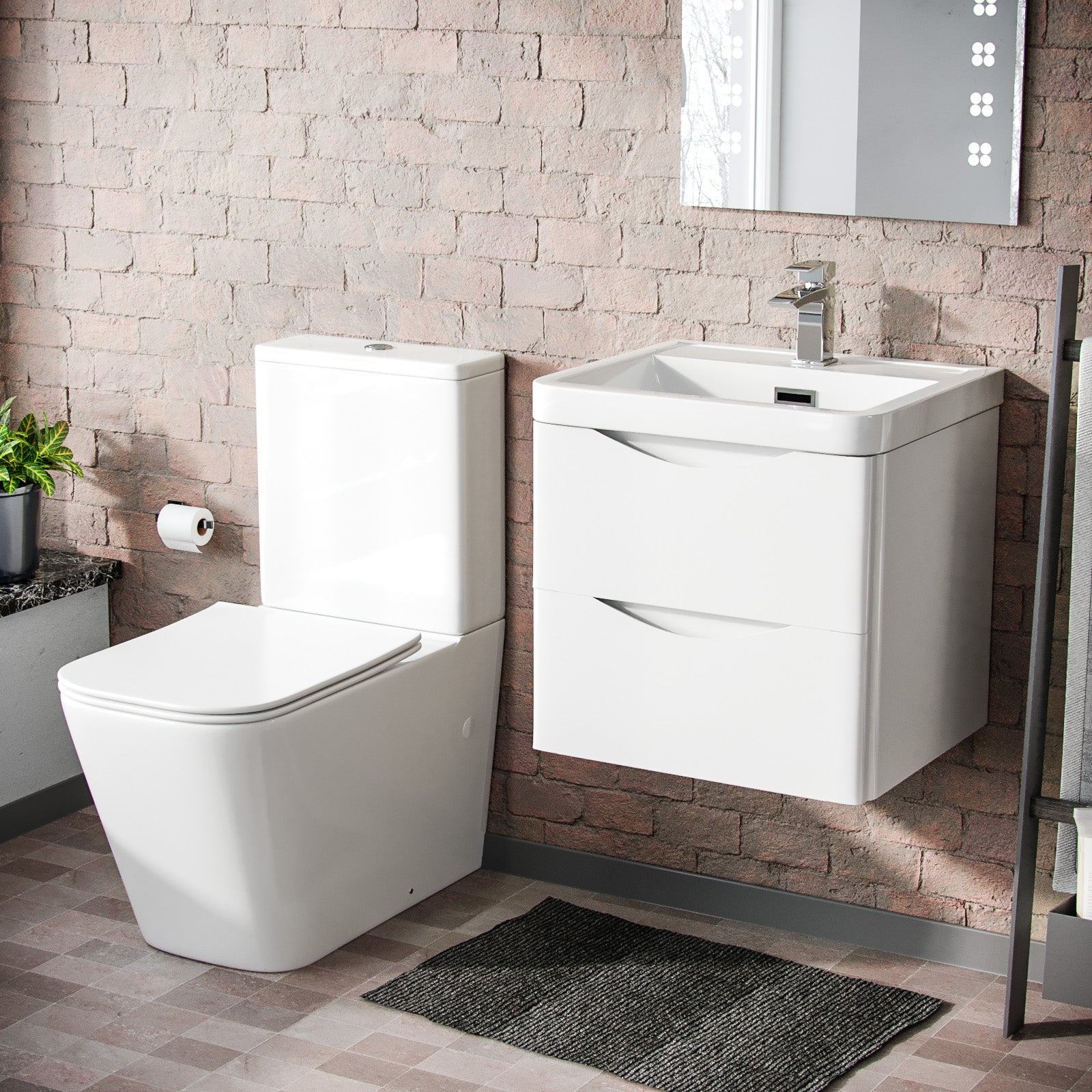 Merton 500mm Wall Hung Vanity Basin Unit & Square Rimless Close Coupled Toilet White Gloss