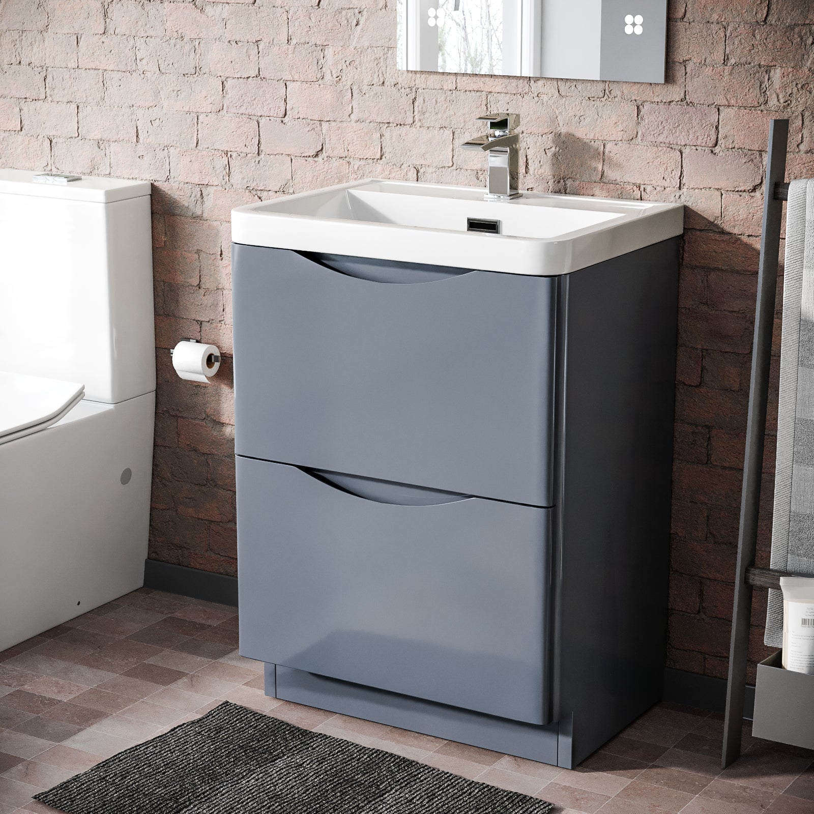 Merton Grey Vanity Cabinet and Basin with a Waterfall Basin Tap and Waste Set