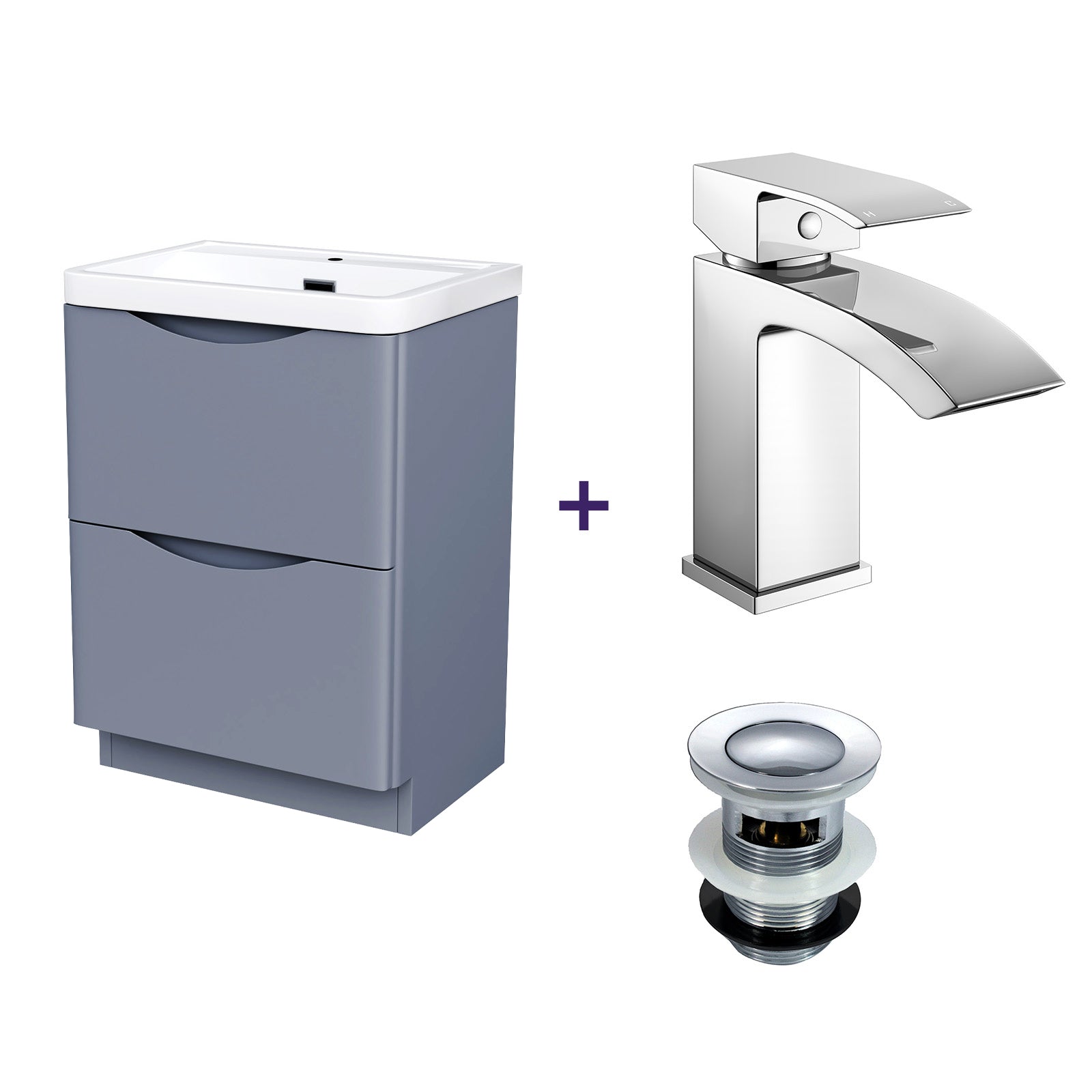 Merton 600mm Grey Vanity Unit with Basin and Waterfall Mono Mixer Tap and Waste Set