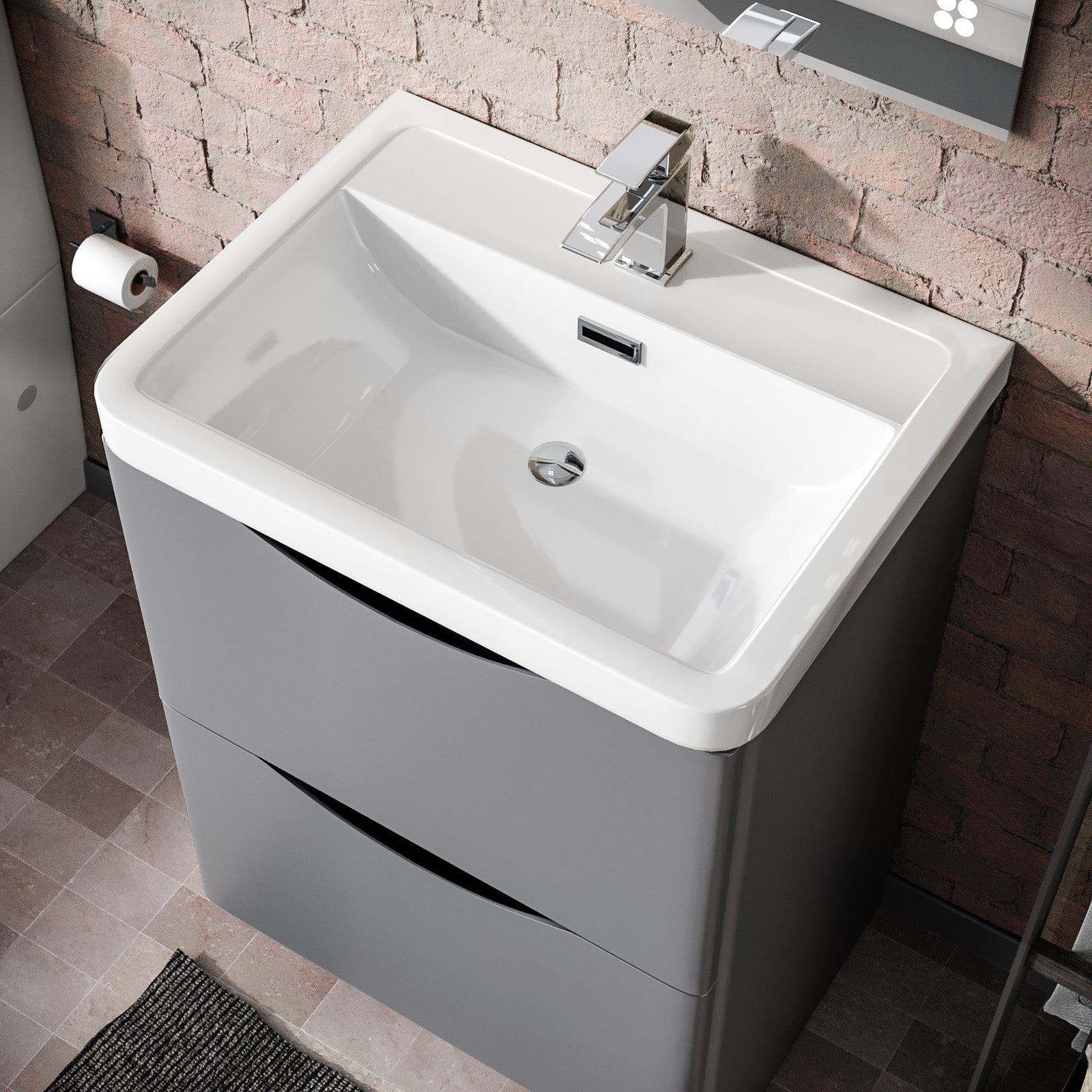 Merton 600mm Grey Vanity Unit with Basin and Waterfall Mono Mixer Tap and Waste Set