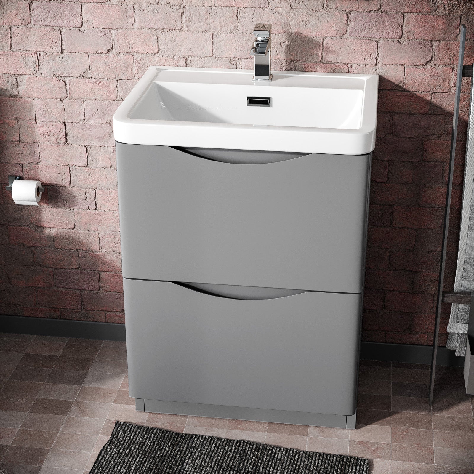 Merton 600mm Grey Vanity Unit with Basin and Waterfall Mono Mixer Tap and Waste Set