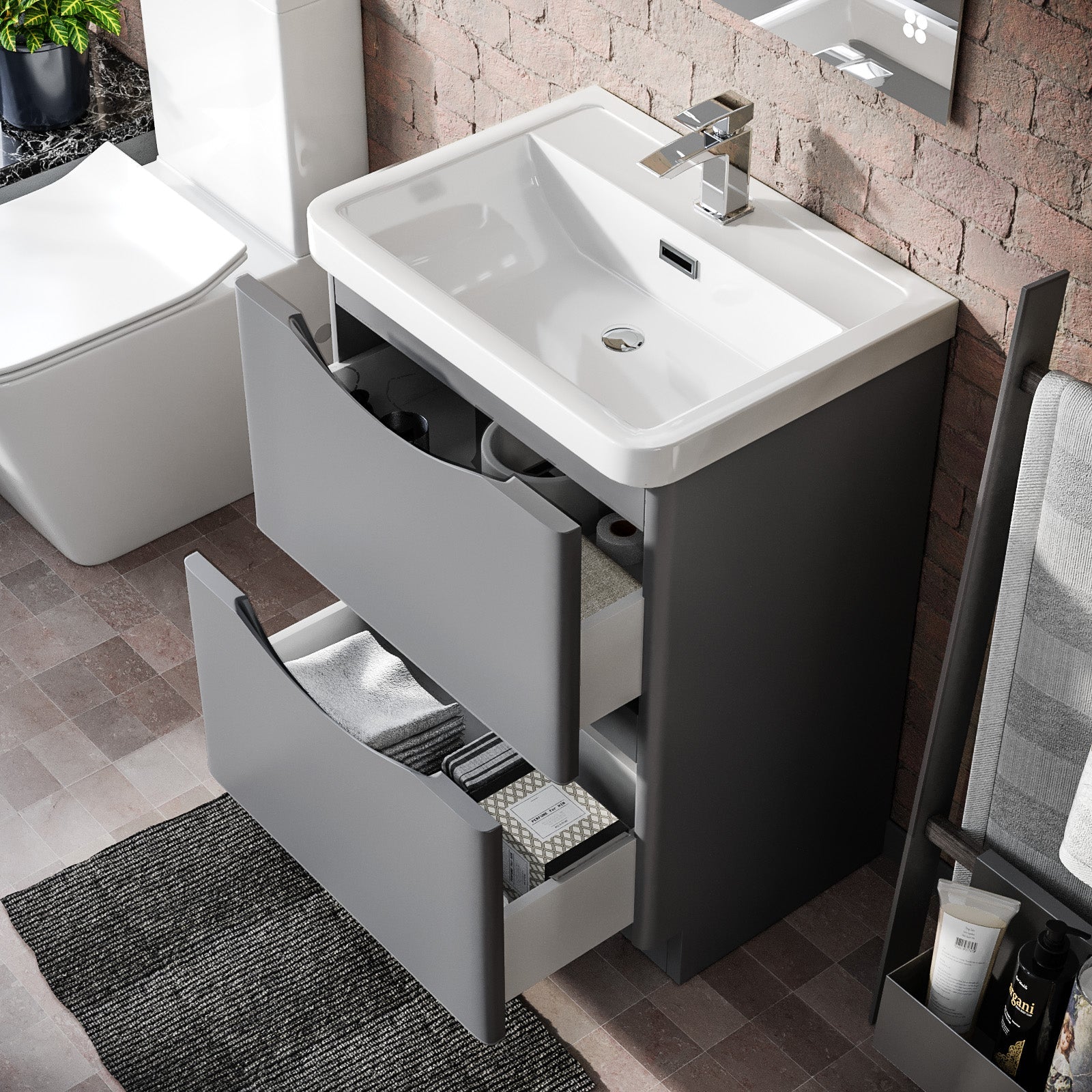 Merton 600mm Grey Vanity Cabinet and Basin Mixer Tap with Waste Set