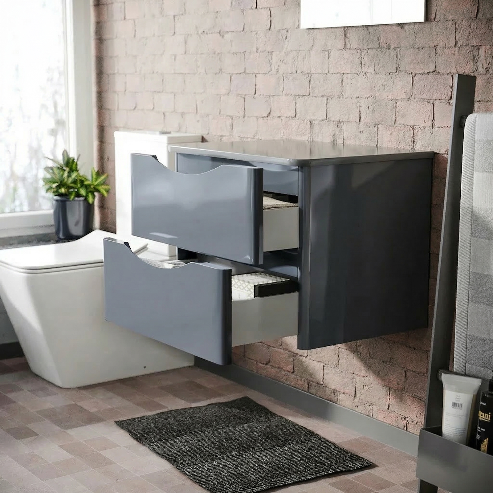 Merton 600mm Steel Grey 2 Drawer Wall Hung Worktop Vanity Unit