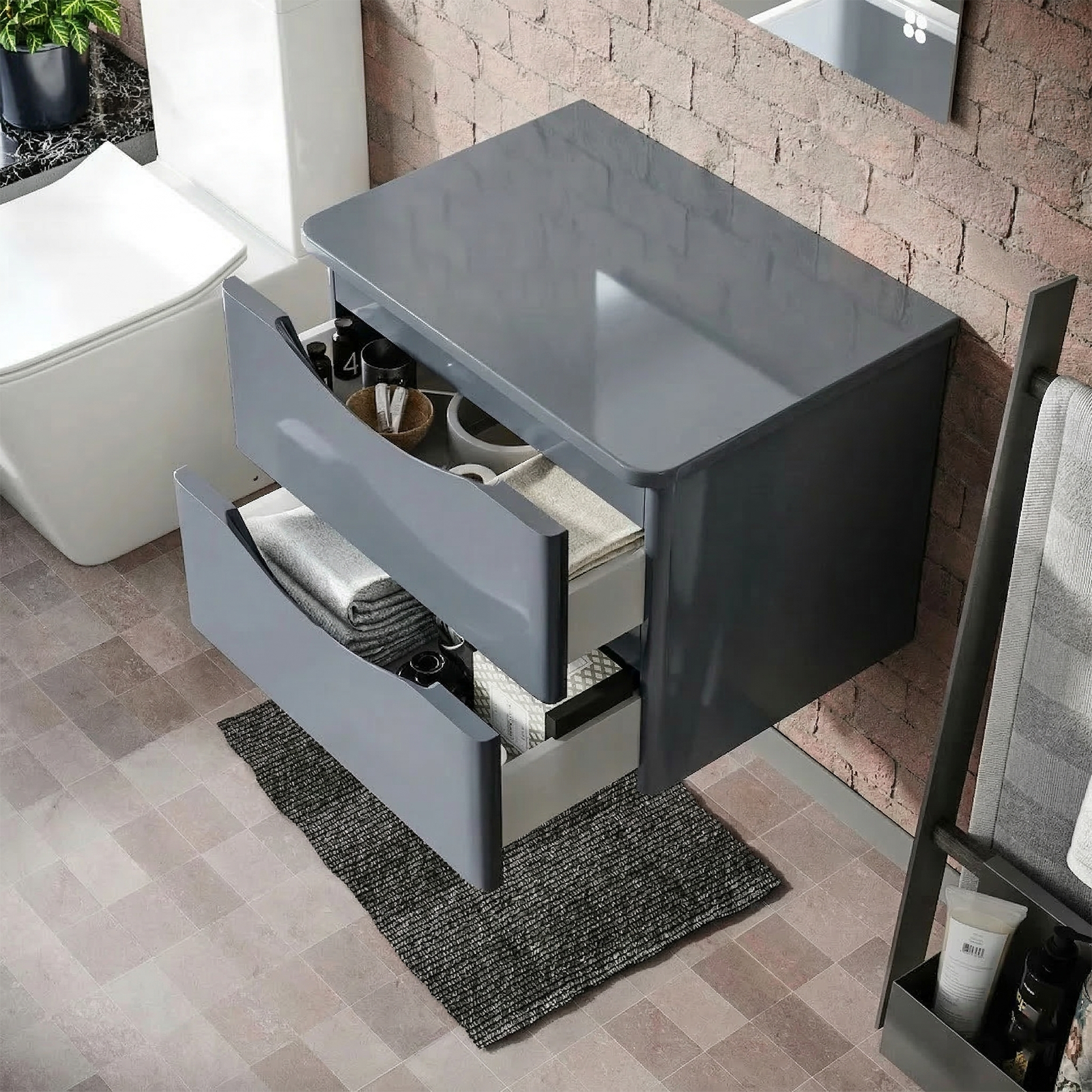 Merton 600mm Steel Grey 2 Drawer Wall Hung Worktop Vanity Unit