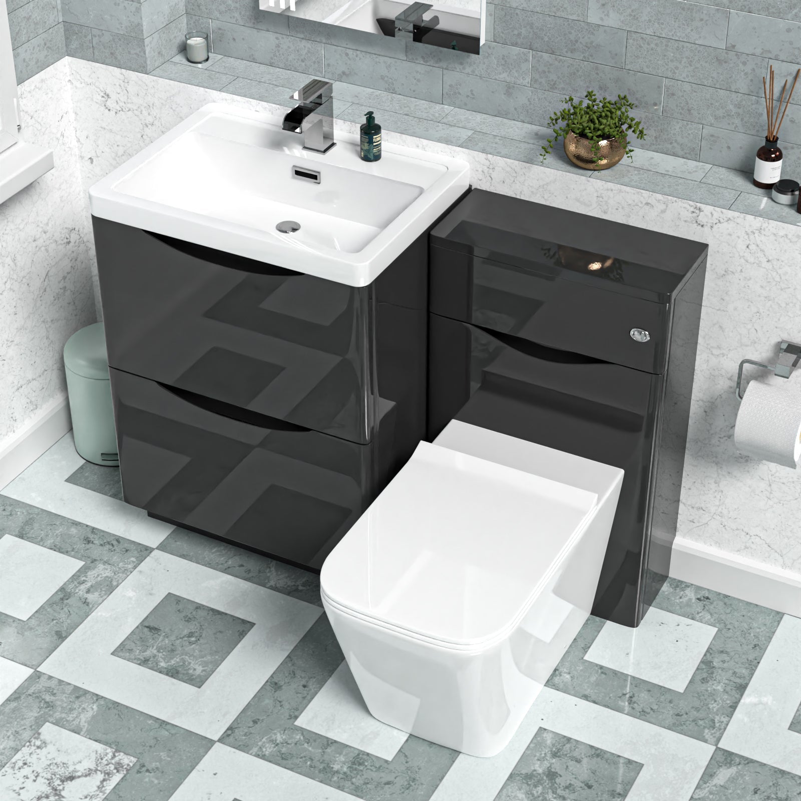 Merton Dark Grey 600mm Freestanding Basin Vanity WC Unit & Square BTW Toilet