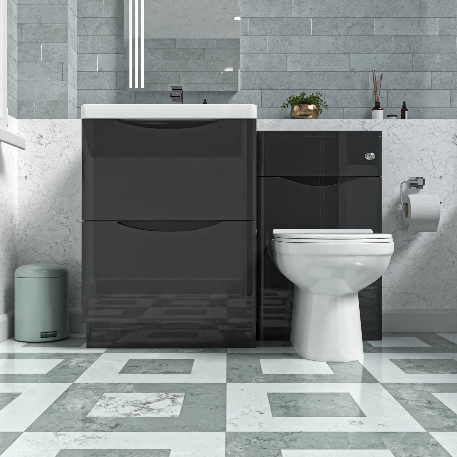Merton Dark Grey 600mm Freestanding Basin Vanity WC Unit & Round BTW Toilet Set