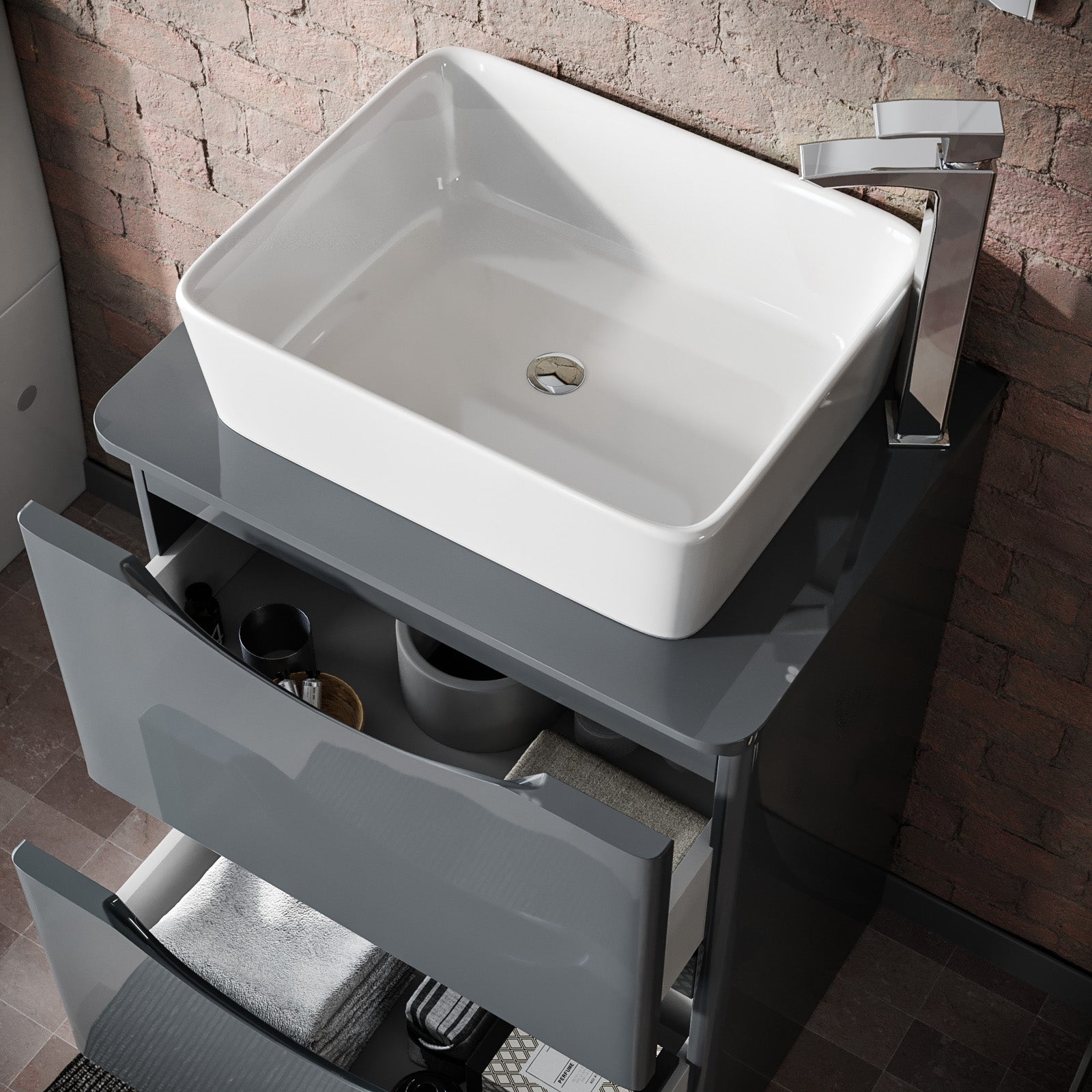 Merton Grey 600mm Bathroom Freestanding Vanity Unit With Square Ceramic Countertop 485mm Basin