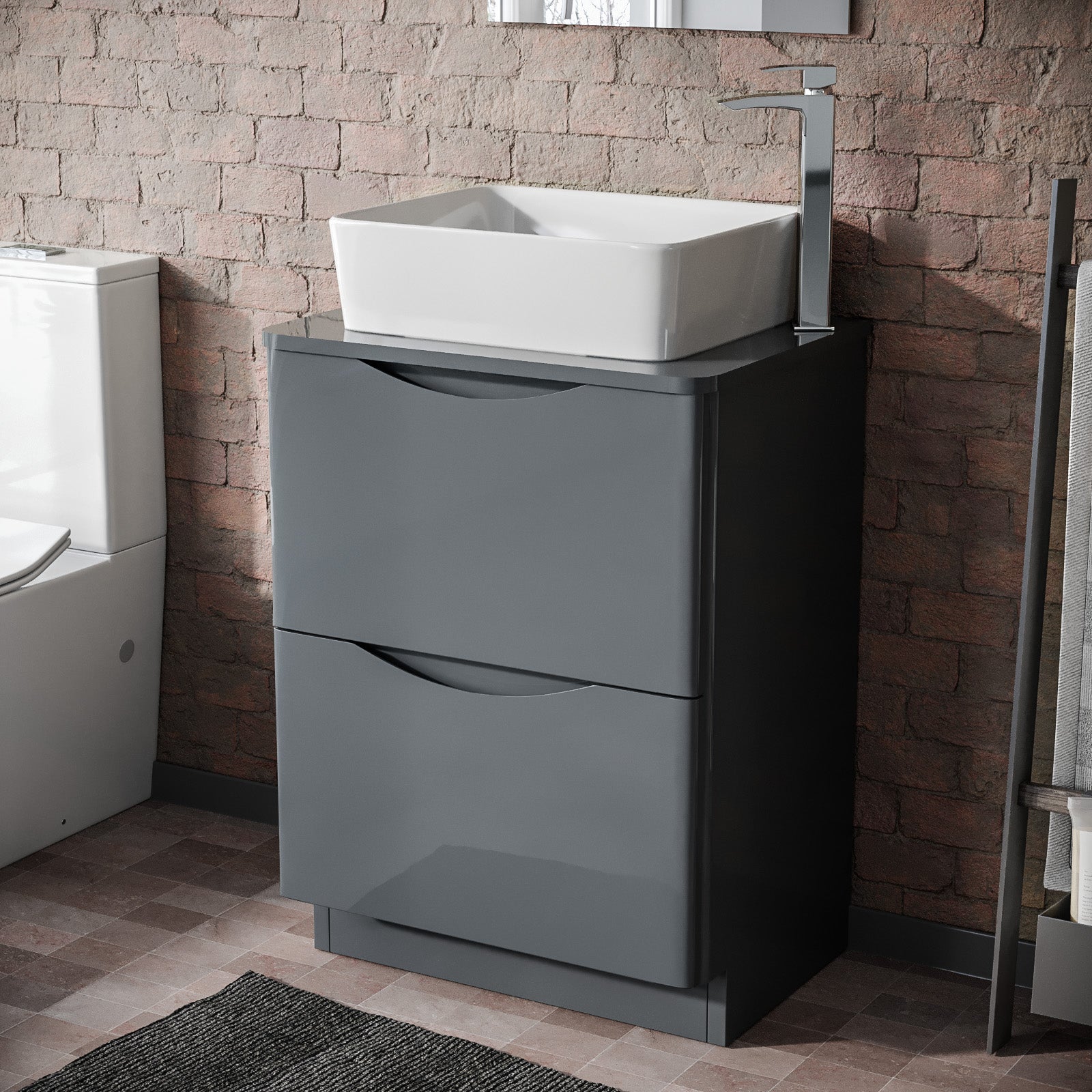 Merton Grey 600mm Bathroom Freestanding Vanity Unit With Square Ceramic Countertop 485mm Basin
