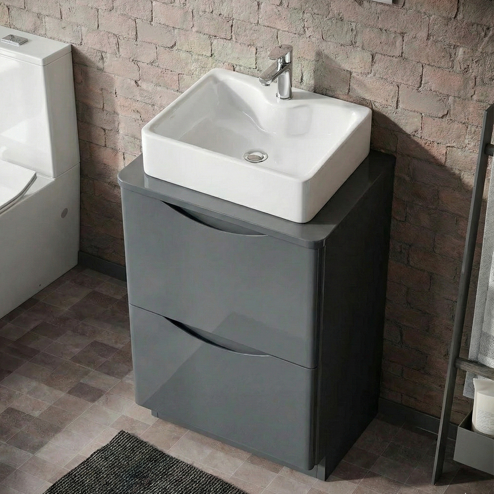 Merton 600mm Gloss Grey 2 Drawer Freestanding Vanity Unit + White Countertop Basin