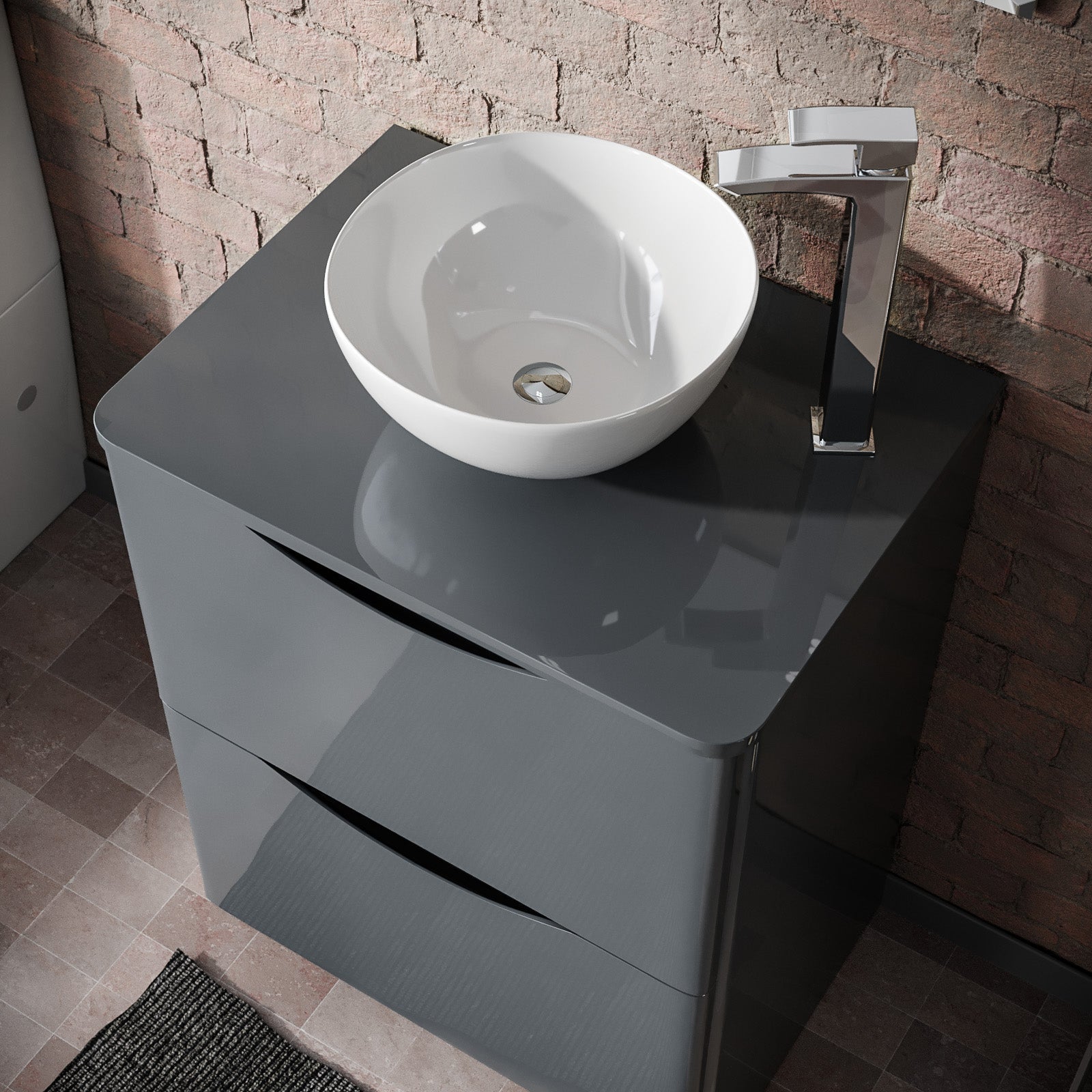Merton Grey 600mm Bathroom Freestanding Vanity Unit With Round Ceramic Countertop 320mm Basin