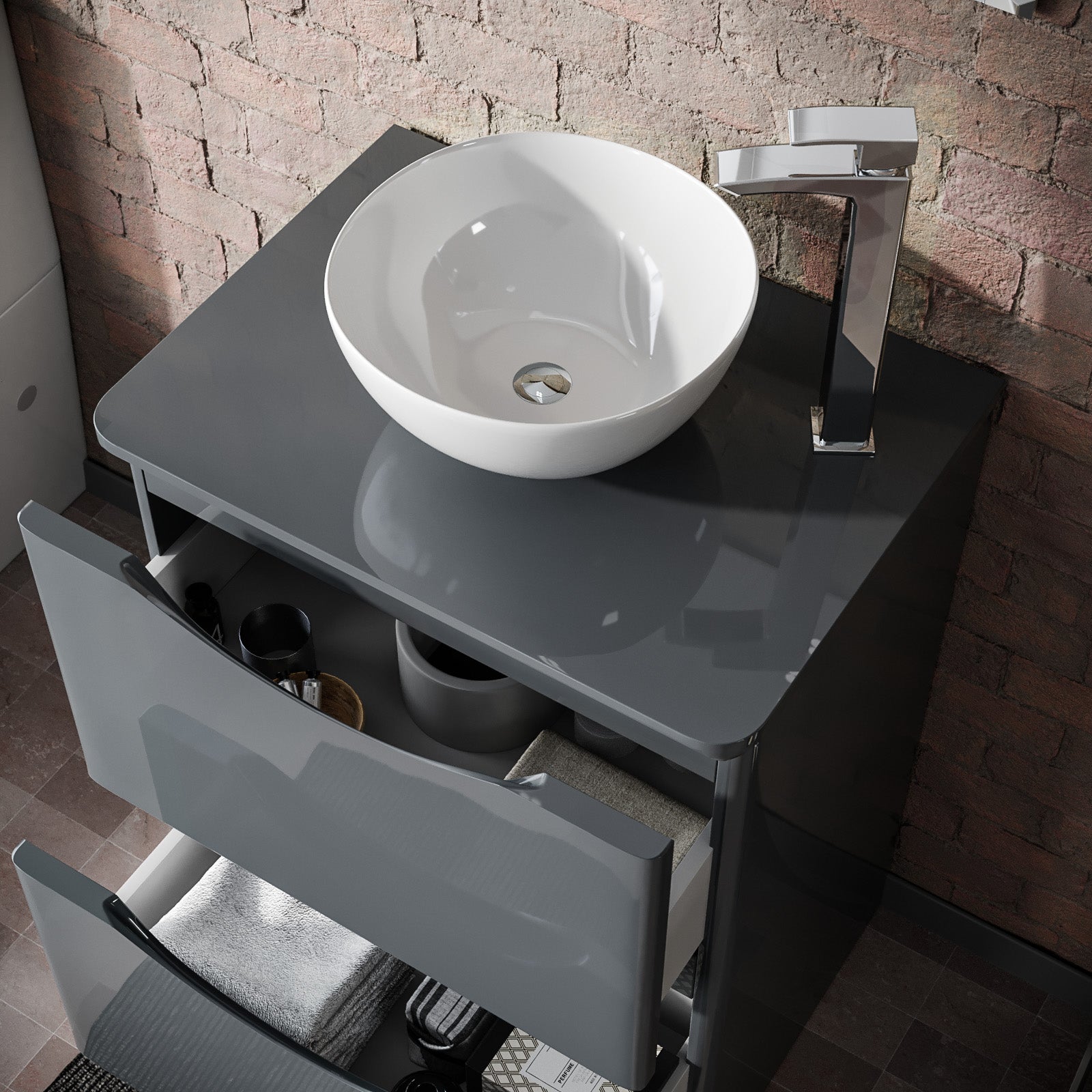 Merton Grey 600mm Bathroom Freestanding Vanity Unit With Round Ceramic Countertop 320mm Basin