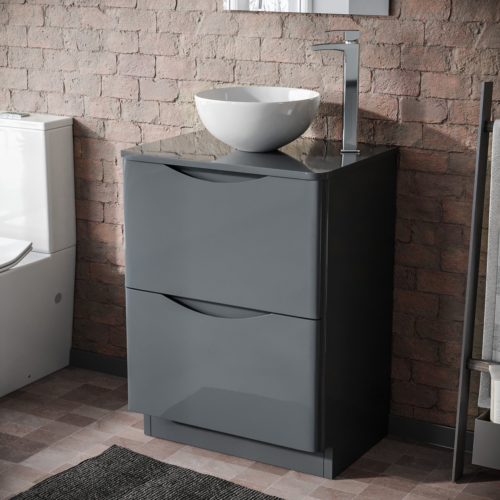 Merton Grey 600mm Bathroom Freestanding Vanity Unit With Round Ceramic Countertop 320mm Basin