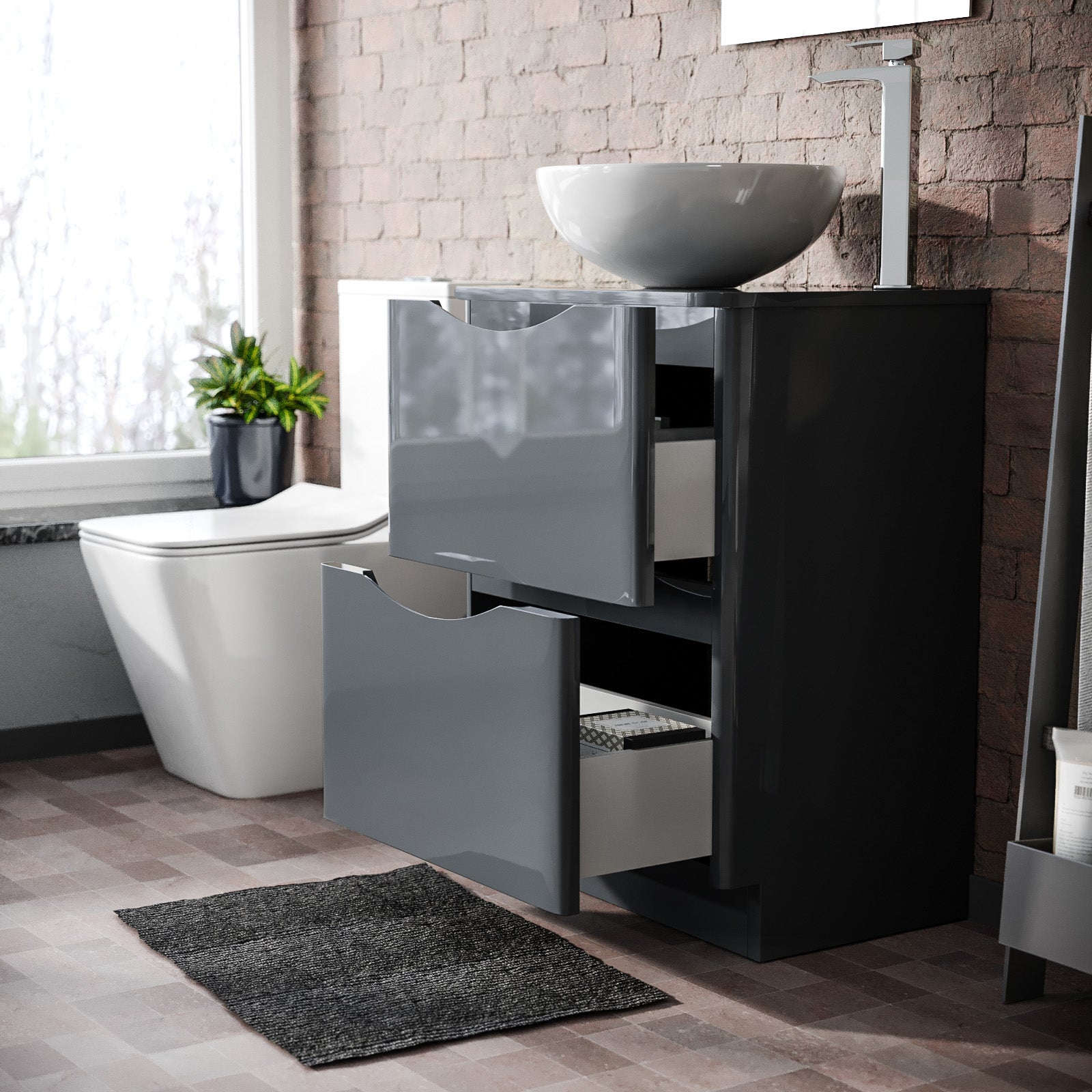 Merton Grey 600mm Bathroom Freestanding Vanity Unit With Round Ceramic Countertop 420mm Basin