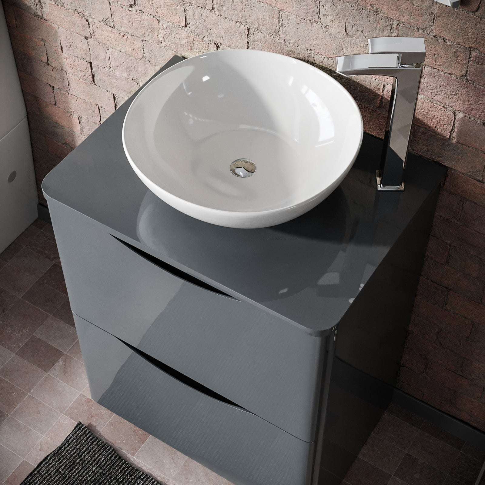 Merton Grey 600mm Bathroom Freestanding Vanity Unit With Round Ceramic Countertop 410mm Basin