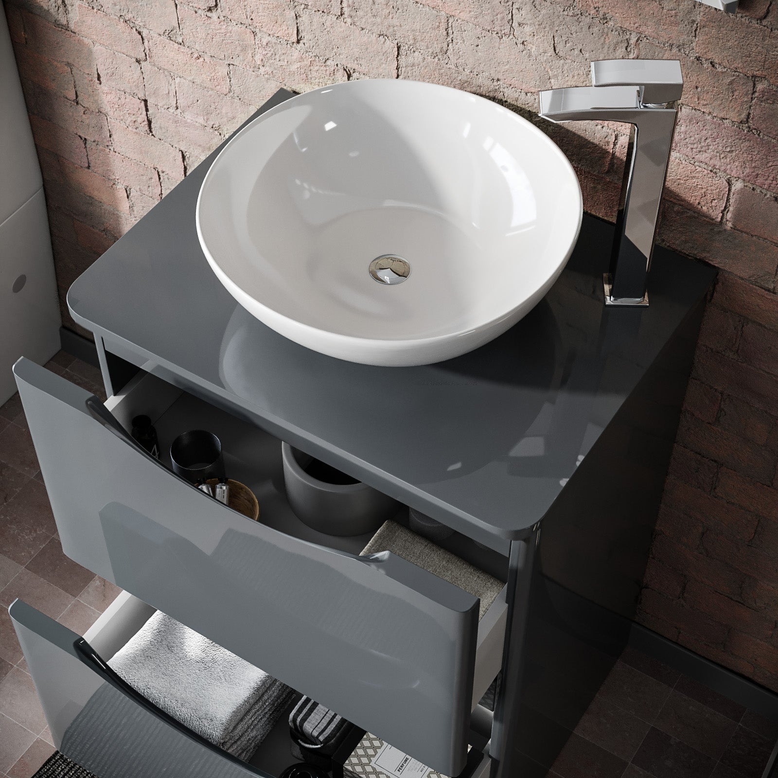 Merton Grey 600mm Bathroom Freestanding Vanity Unit With Round Ceramic Countertop 410mm Basin