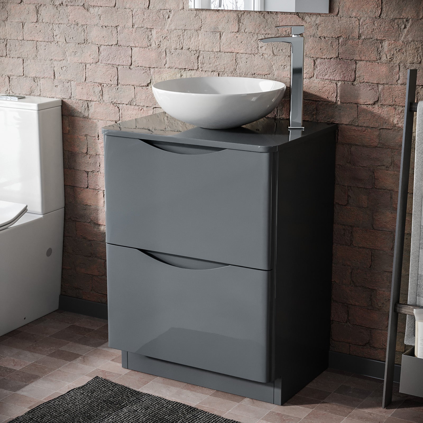 Merton Grey 600mm Bathroom Freestanding Vanity Unit With Round Ceramic Countertop 410mm Basin