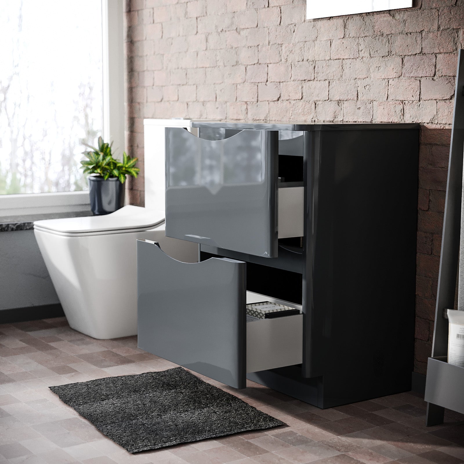 Merton 600mm Gloss Grey 2 Drawer Work Top Freestanding Vanity Unit Bathroom