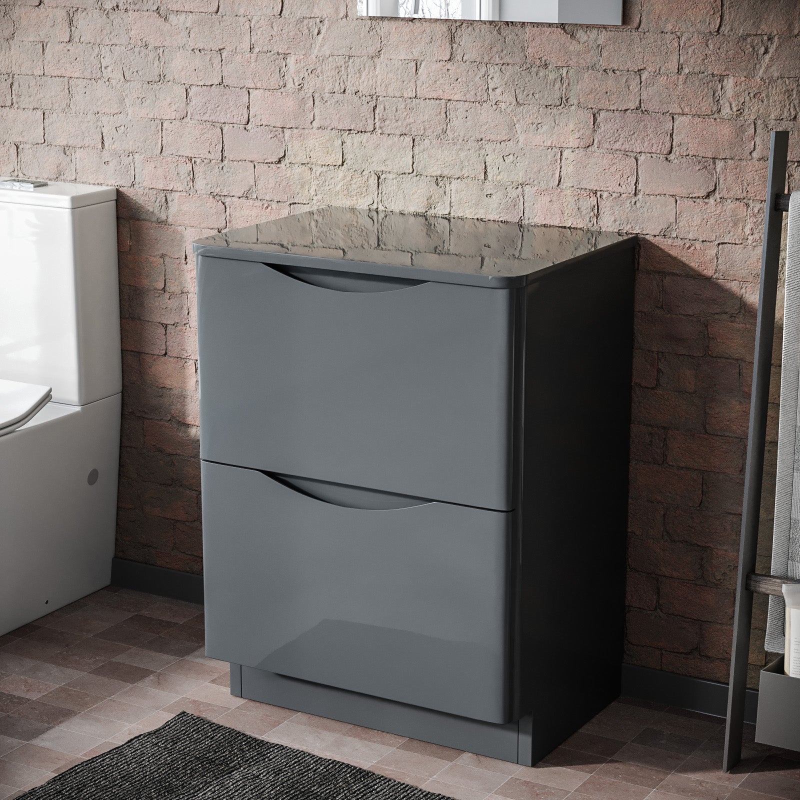 Merton 600mm Gloss Grey 2 Drawer Work Top Freestanding Vanity Unit Bathroom