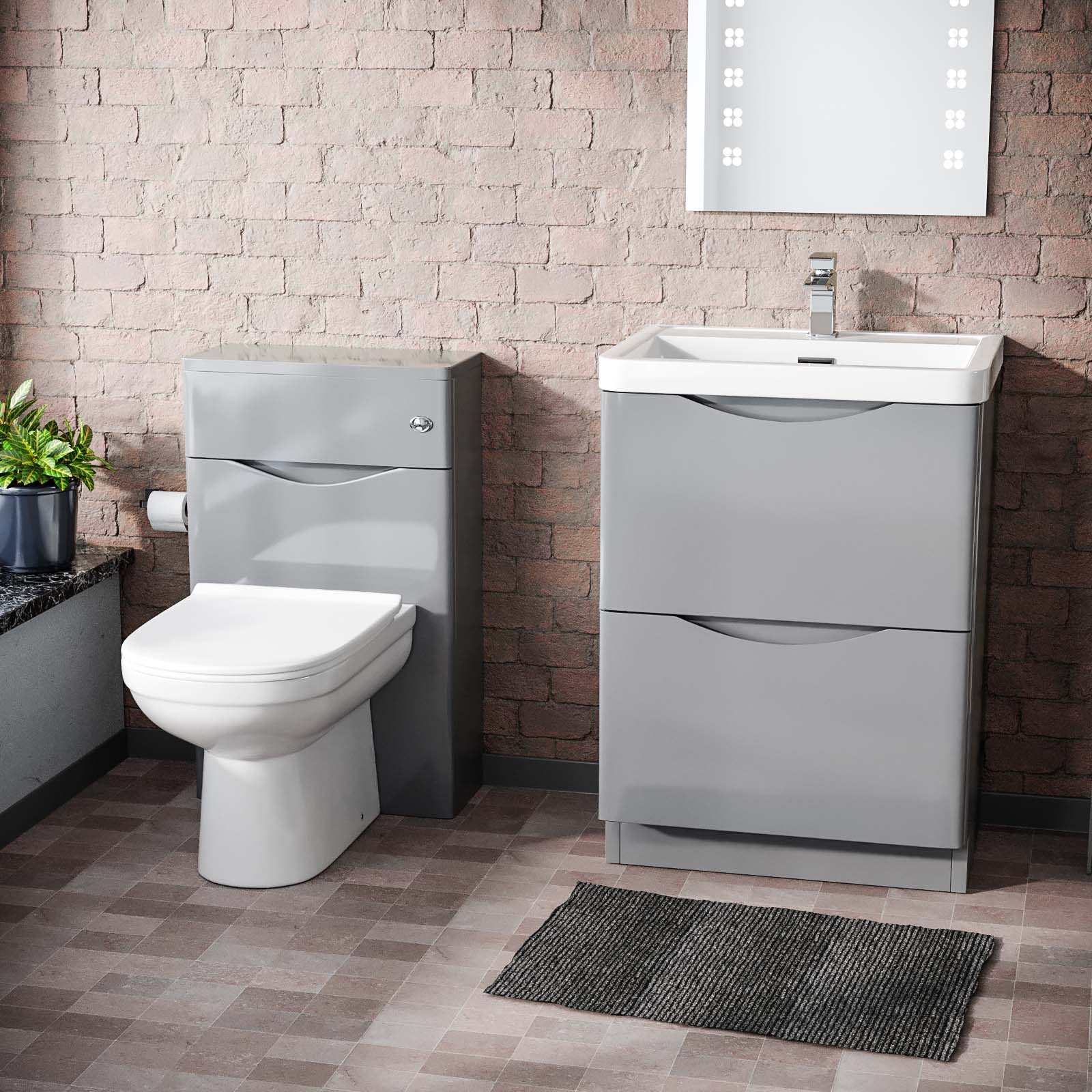 Merton Modern Grey 600mm Basin Sink Vanity and WC Back To Wall Toilet