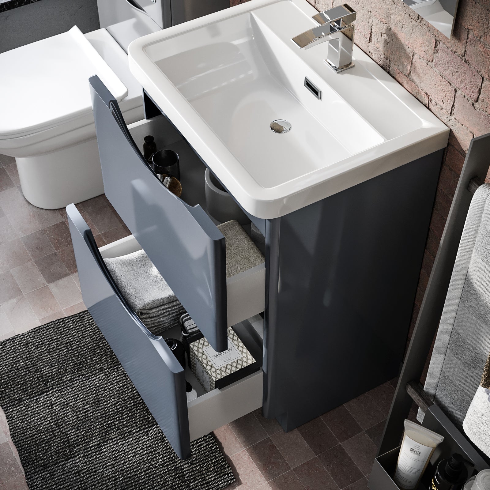 Merton Modern Grey 600mm Basin Sink Vanity and WC Back To Wall Toilet