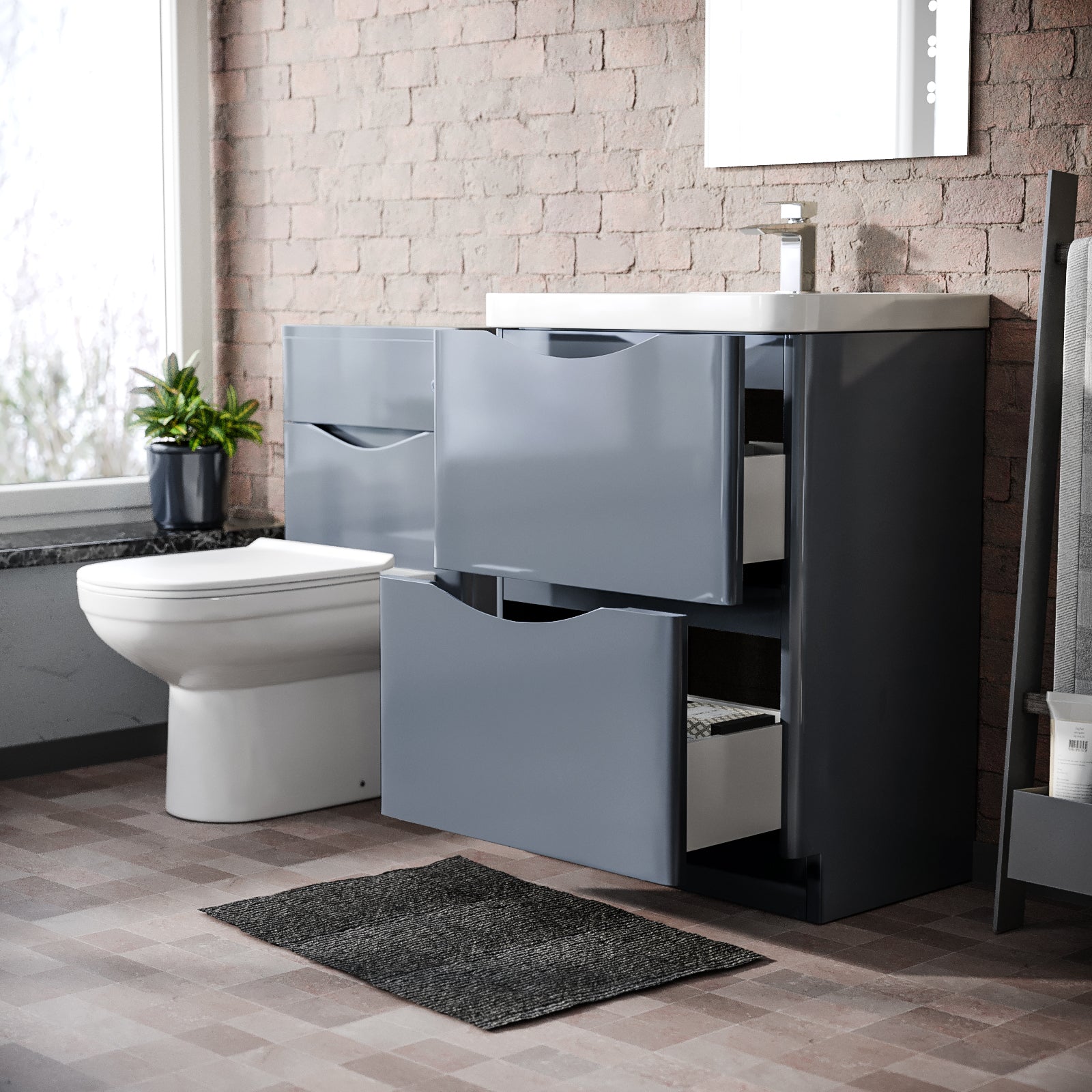 Merton Modern Grey 600mm Basin Sink Vanity and WC Back To Wall Toilet