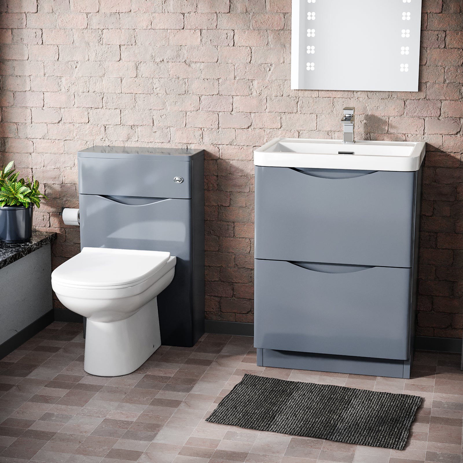 Merton Modern Grey 600mm Basin Sink Vanity and WC Back To Wall Toilet