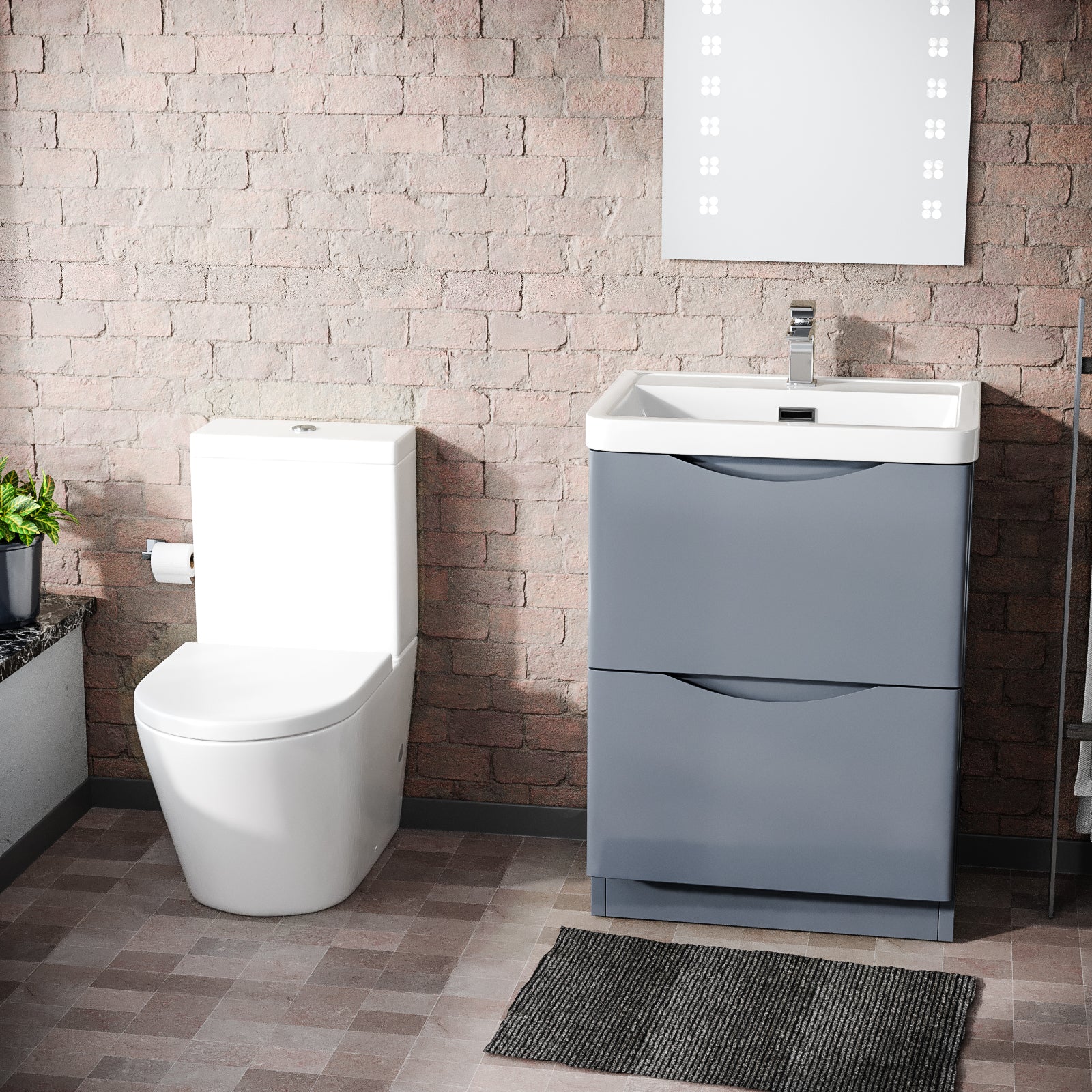 Merton Grey 600mm Basin Sink Vanity and Rimless Close Coupled Toilet