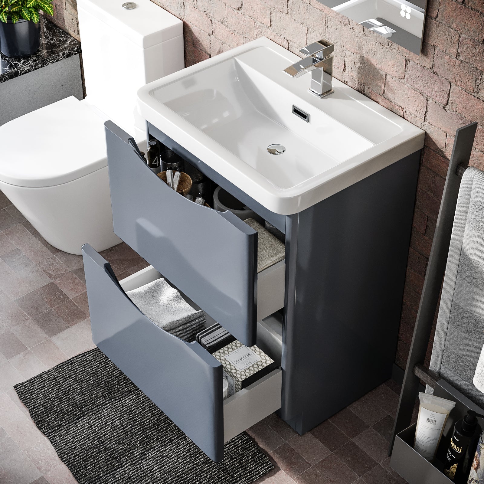 Merton Grey 600mm Basin Sink Vanity and Rimless Close Coupled Toilet