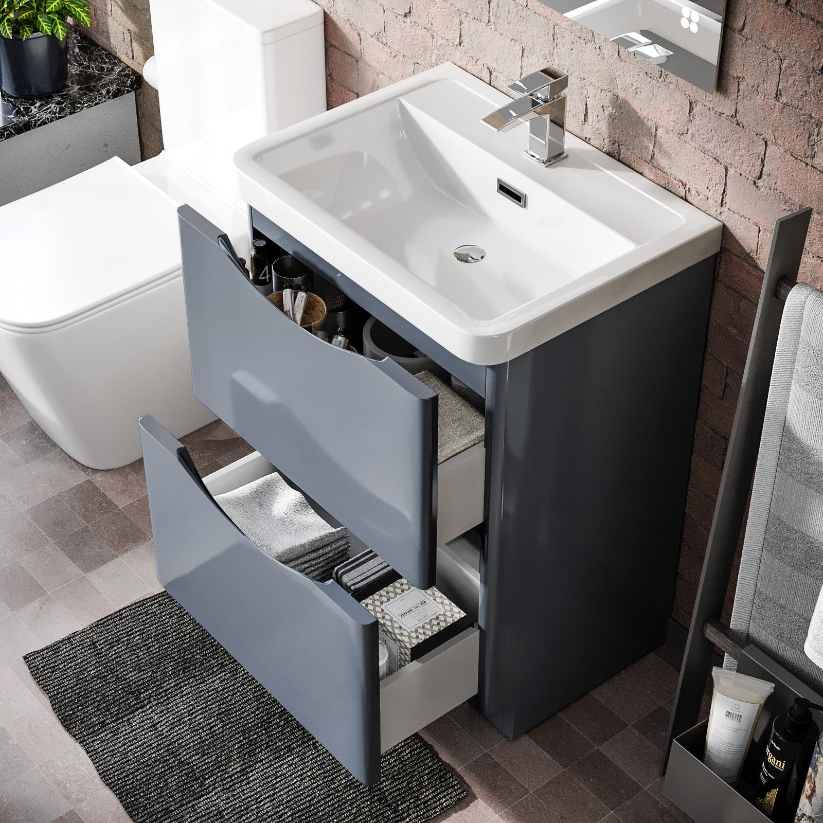Merton Grey 600mm Freestanding Vanity Basin Unit & Square Rimless Close Coupled Toilet
