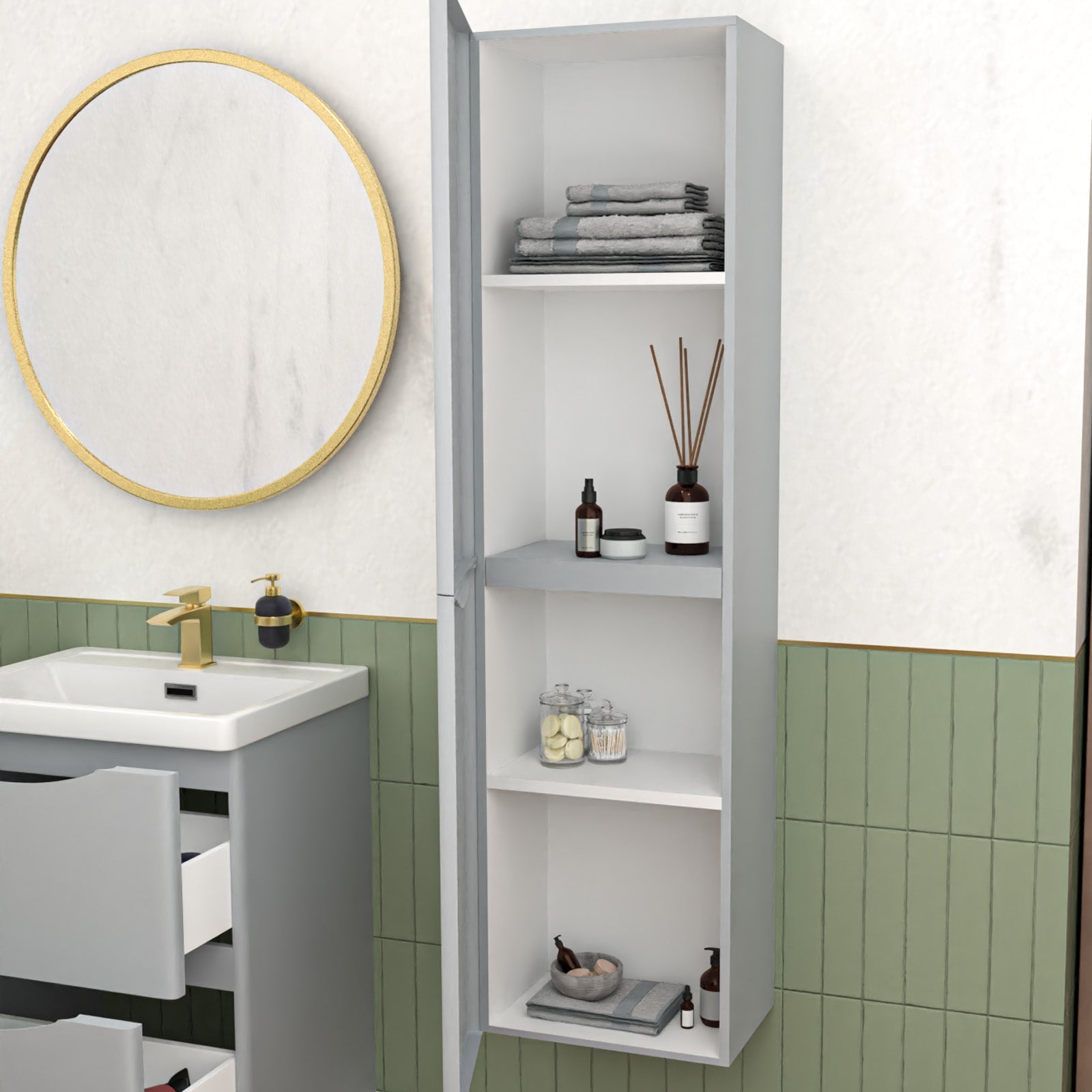 Merton Matte Grey 600mm Freestanding Vanity Unit & 400mm Tall Cabinet