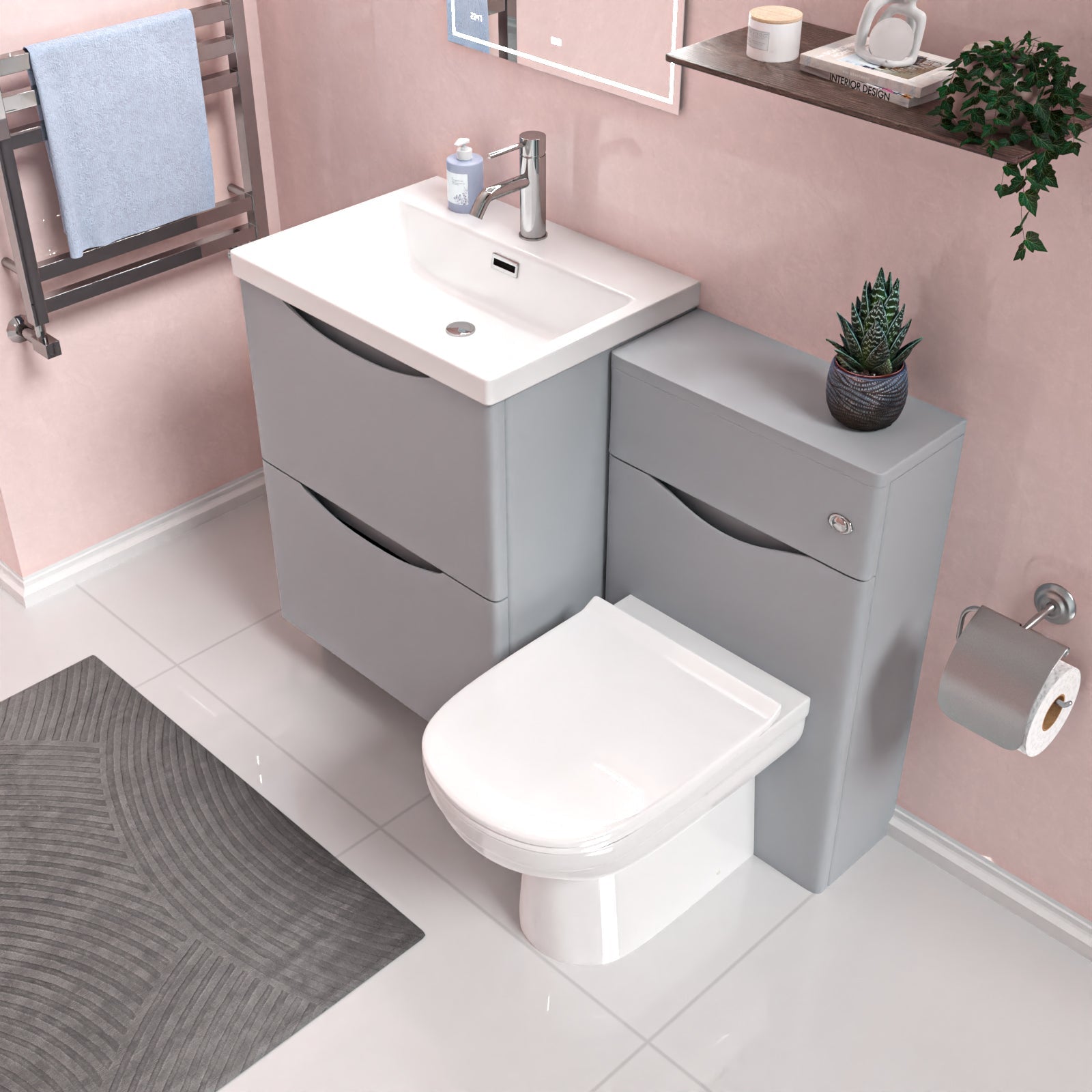 Merton 1100mm Freestanding Matte Grey Vanity Cabinet, WC & Round BTW Toilet