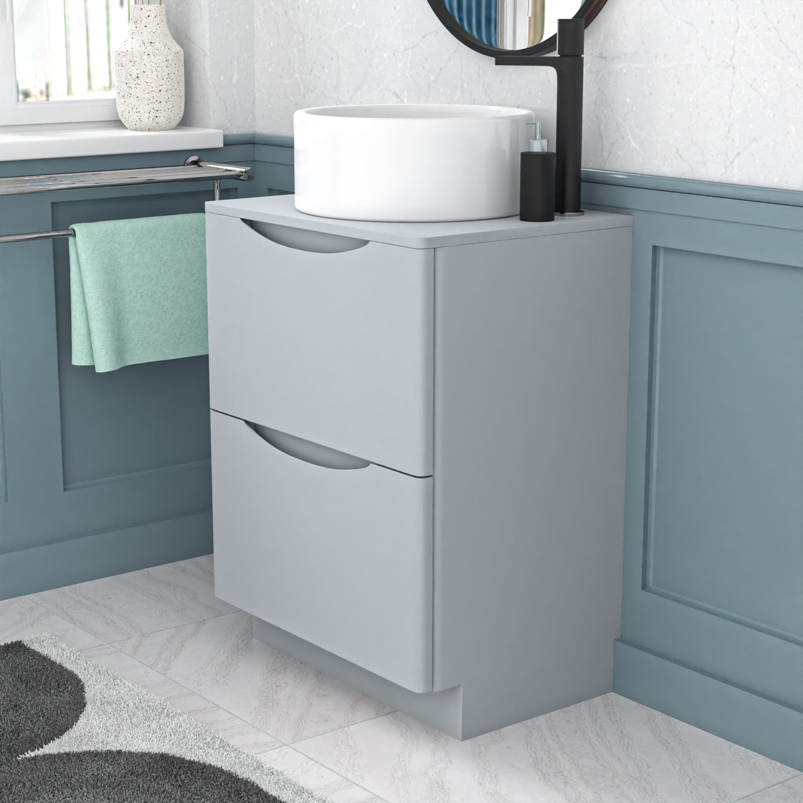 Merton 600mm Matte Grey Freestanding Vanity Unit With Round Bowl Basin