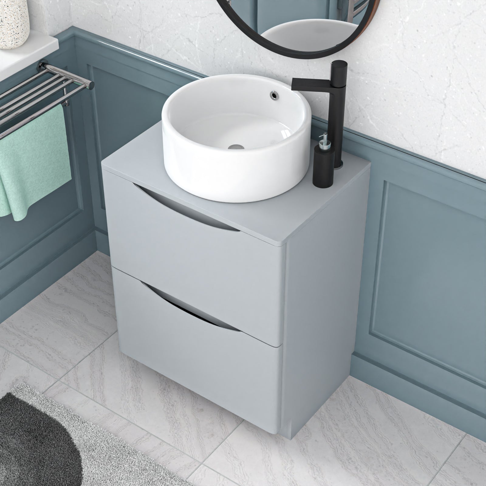 Merton 600mm Matte Grey Freestanding Vanity Unit With Round Bowl Basin