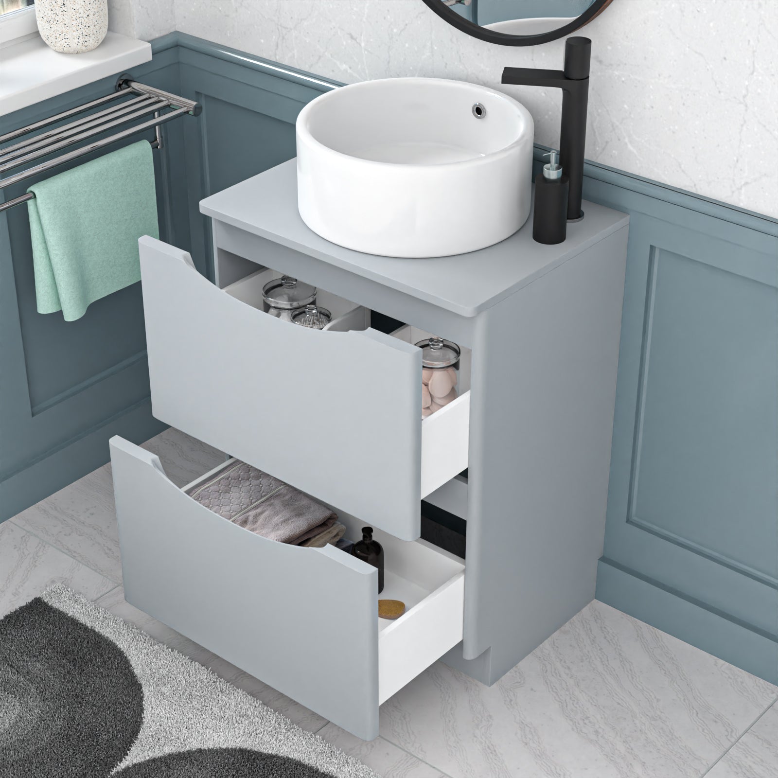 Merton 600mm Matte Grey Freestanding Vanity Unit With Round Bowl Basin