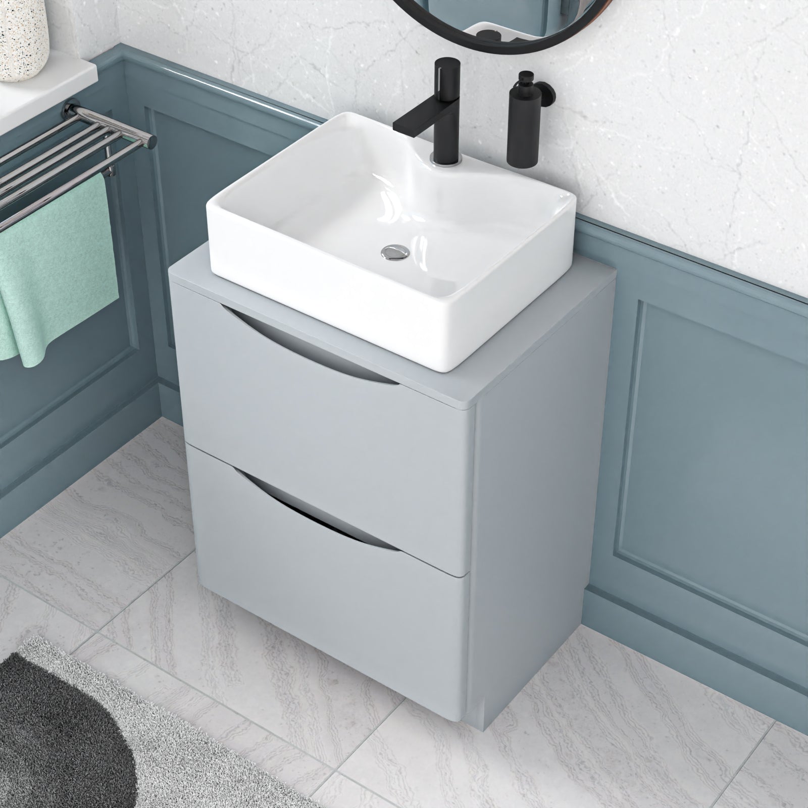 Merton 600mm Matte Grey Freestanding Vanity Unit With Square Basin Tap Hole
