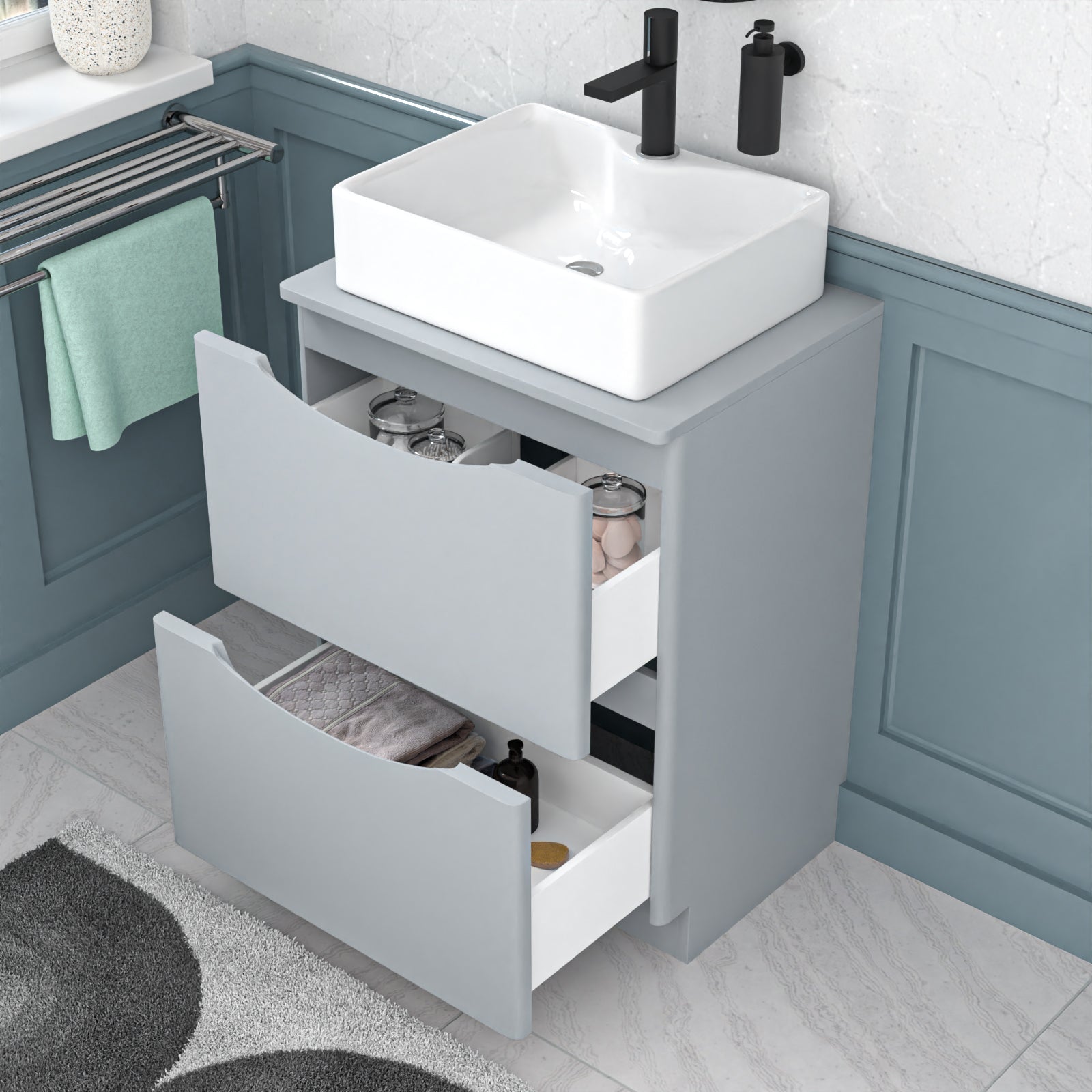 Merton 600mm Matte Grey Freestanding Vanity Unit With Square Basin Tap Hole