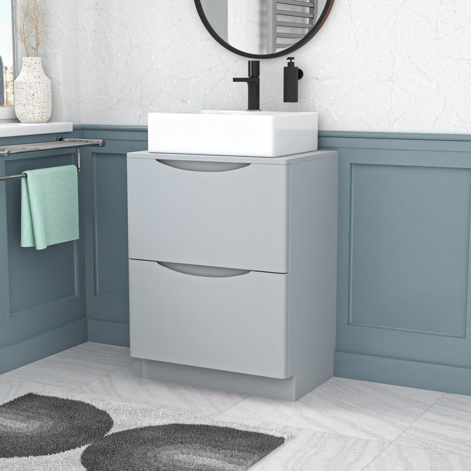 Merton 600mm Matte Grey Freestanding Vanity Unit With Square Basin Tap Hole