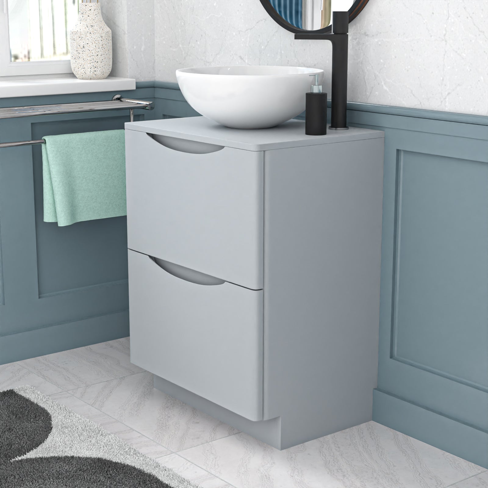 Merton 600mm Freestanding Matte Grey Vanity Unit Round Basin Bowl