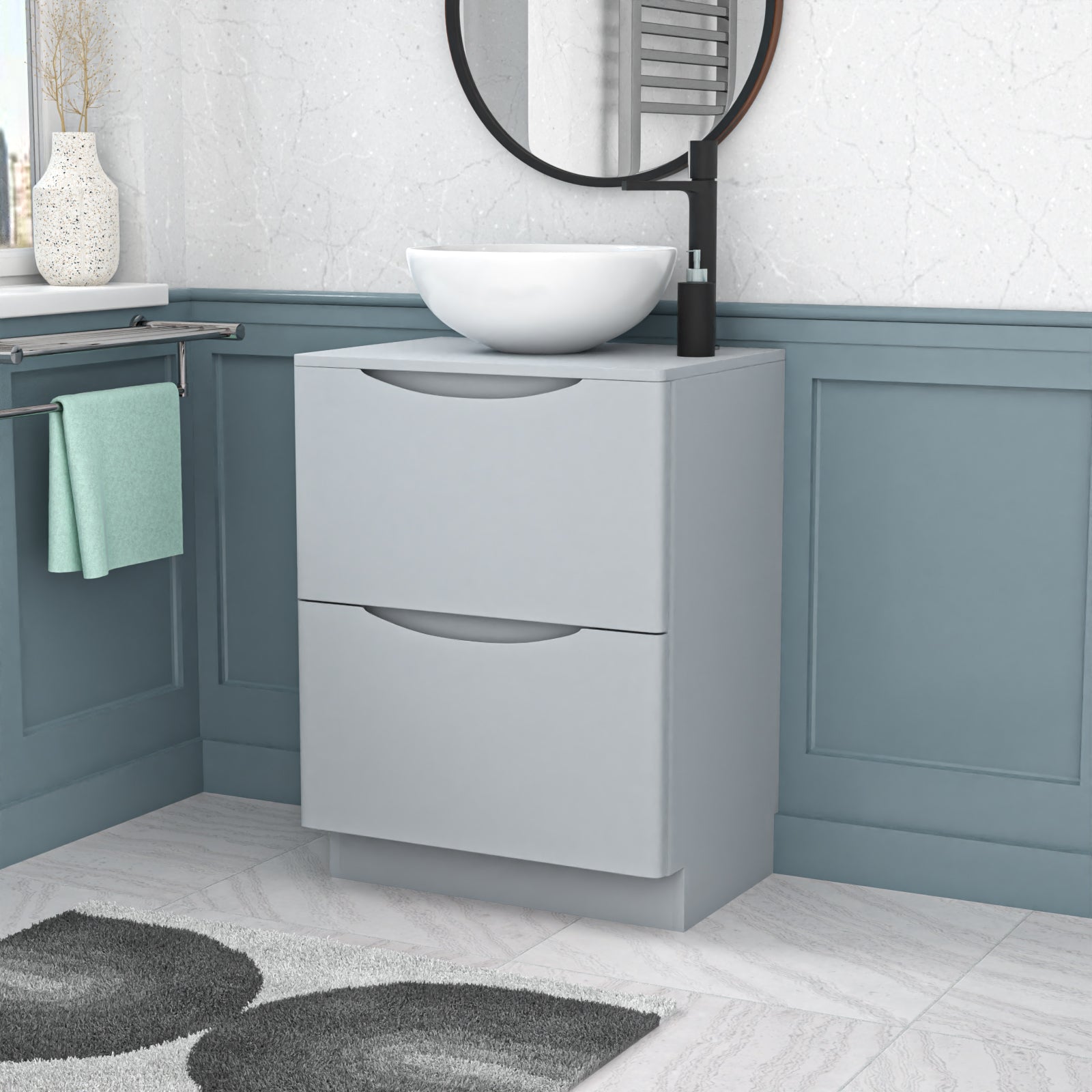 Merton 600mm Freestanding Matte Grey Vanity Unit Round Basin Bowl